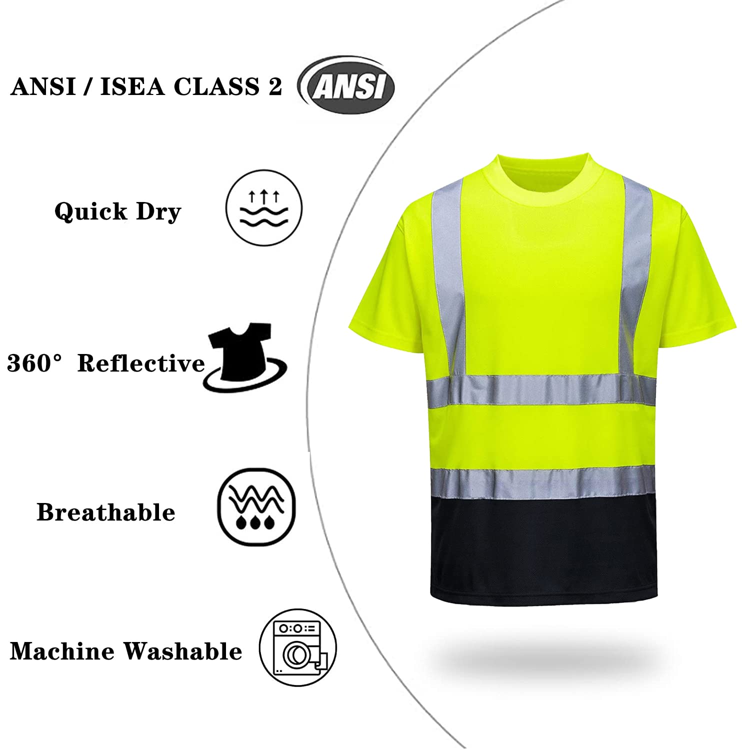 High Visibility Safety Reflective Short Sleeve T-Shirts for Men & Women - Construction Work Shirts with Black Bottom - Ideal for Night Work, Roadside Safety & Outdoor Activities