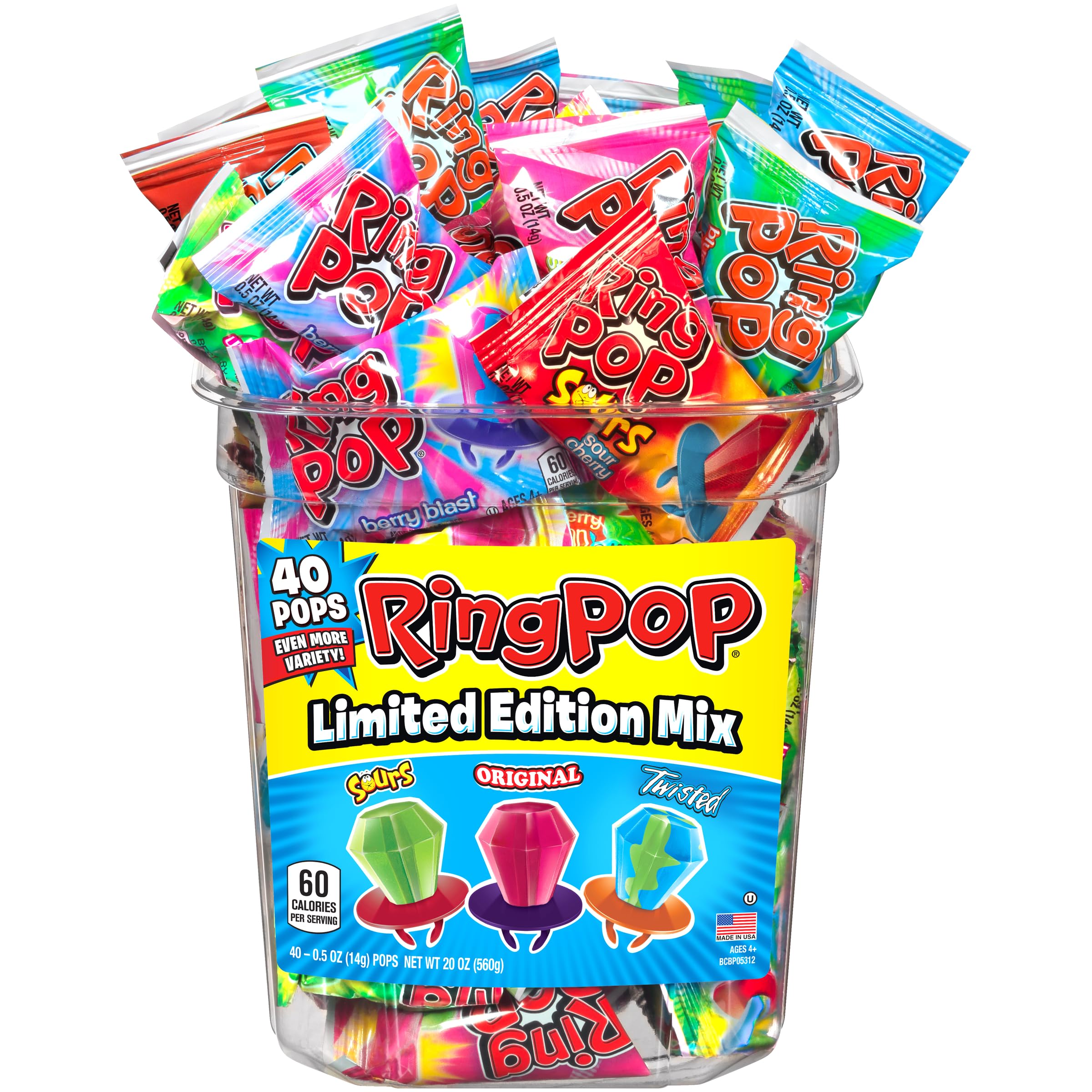 Ring Pop Hard Candy Pops - Assorted Flavors Variety Pack (40 Count, 560g) | Fun Party Favors, Halloween Treats & Birthday Gifts for Kids