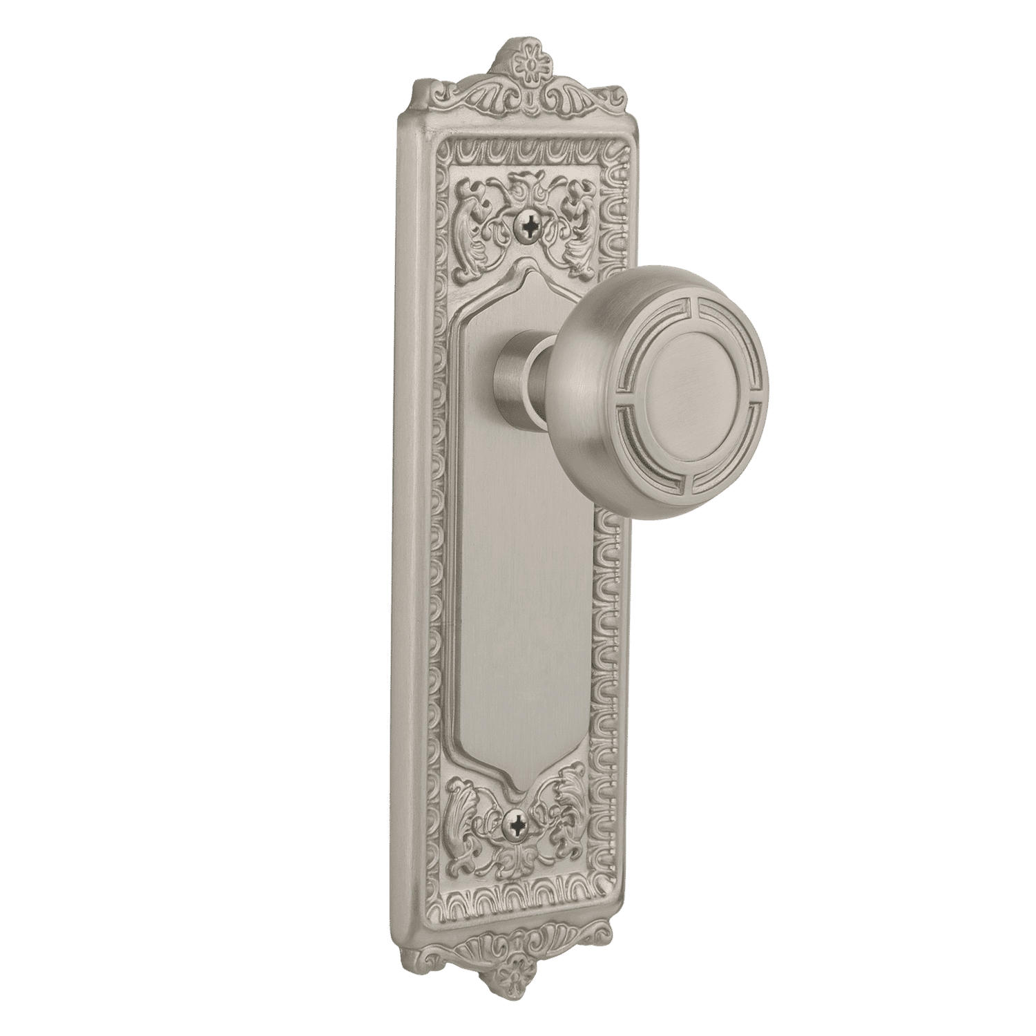 Egg & Dart Long Plate with Mission Knob in Satin Nickel - Vintage Cabinet Hardware for Kitchen & Bathroom Remodeling