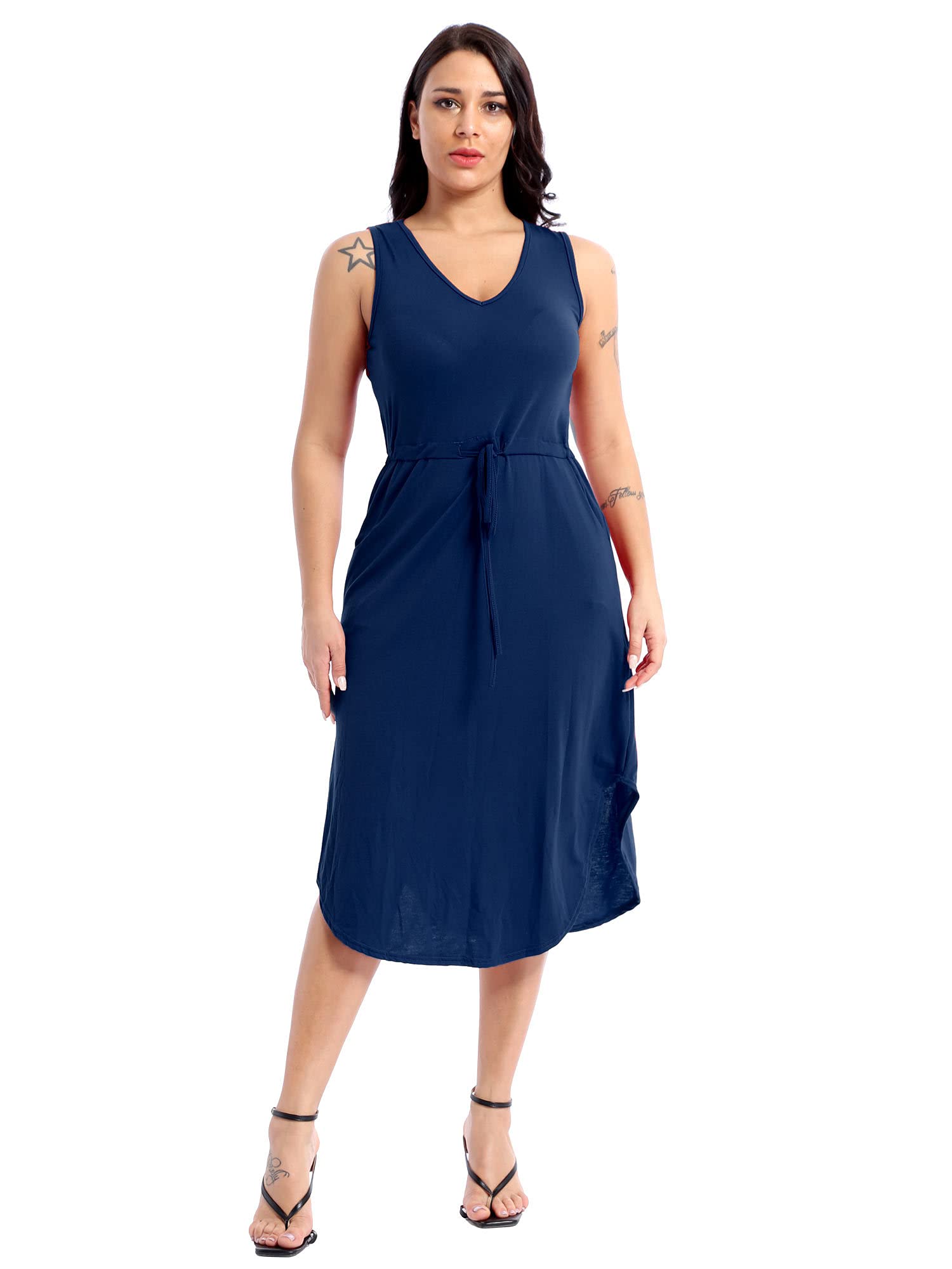 TiaoBug Women's V-Neck Sleeveless Midi Dress with Drawstring Waist & Side Slit - Casual Summer Dress with Pockets for Beach, Party, and Office Wear