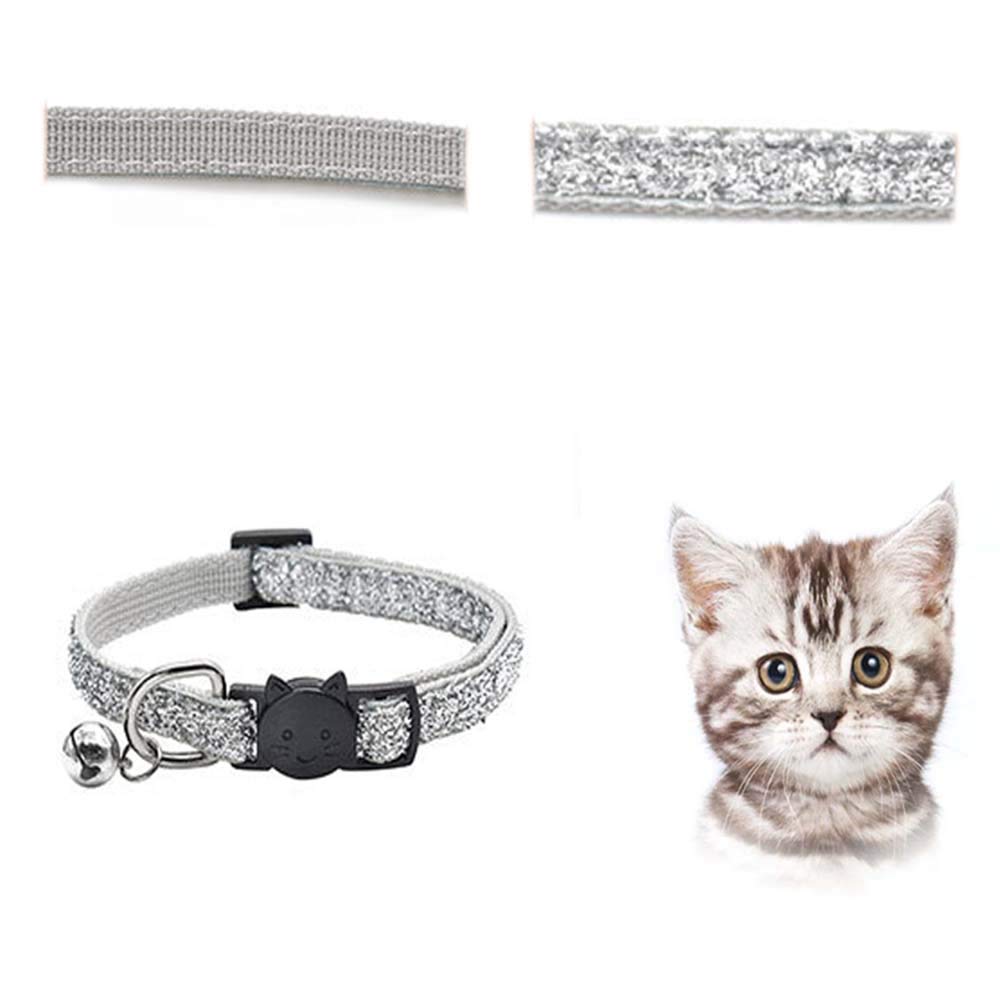 Sparkling Bling Cat Collar with Bell - Adjustable Nylon Pet Collar with Safe Buckle for Small Dogs & Cats (Silver) | Perfect for Everyday Wear, Grooming & Fashion Accessories