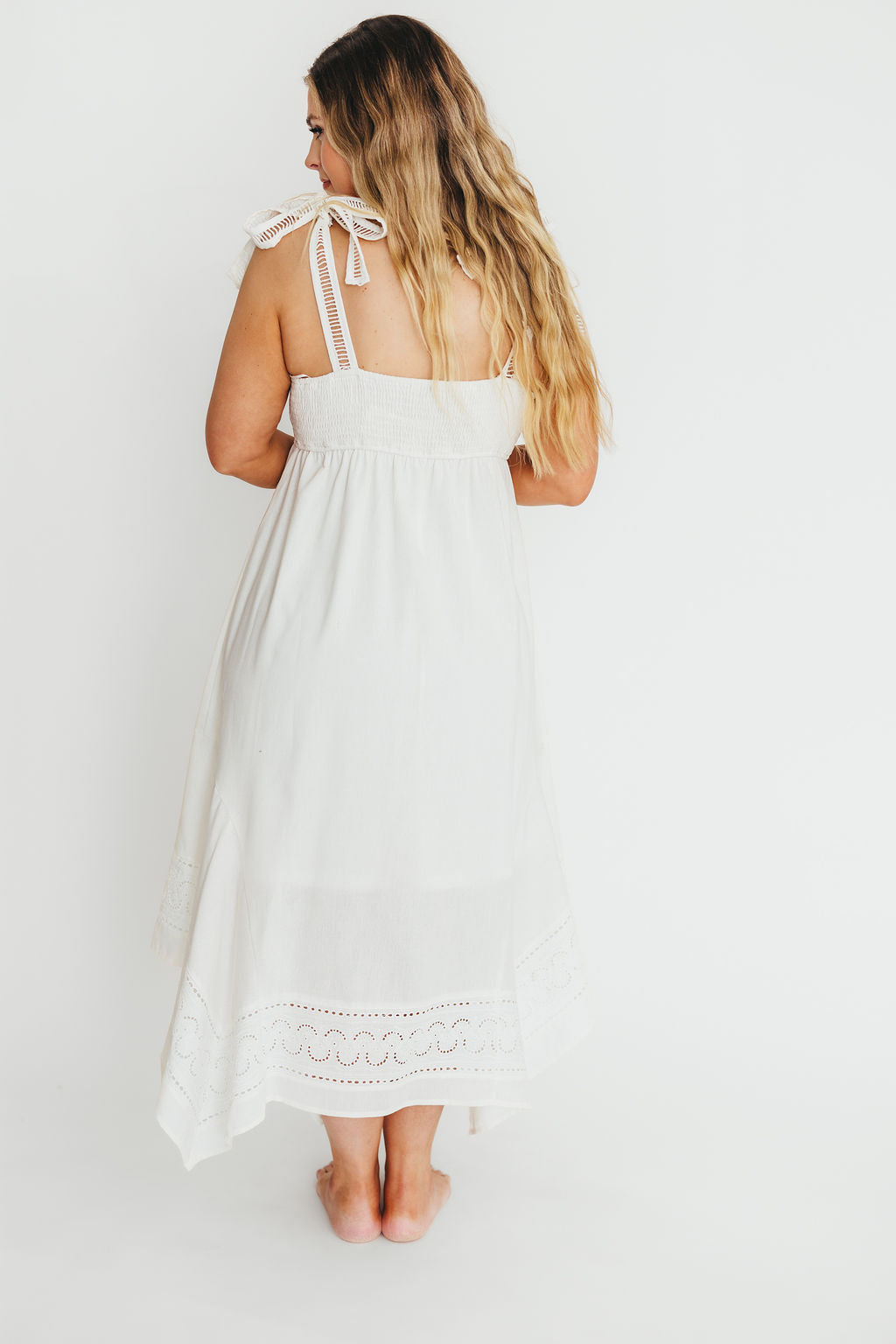 Palmer Asymmetrical Hem Midi Dress - White Flowy Summer Dress for Women | Perfect for Beach Vacations, Date Nights & Special Occasions