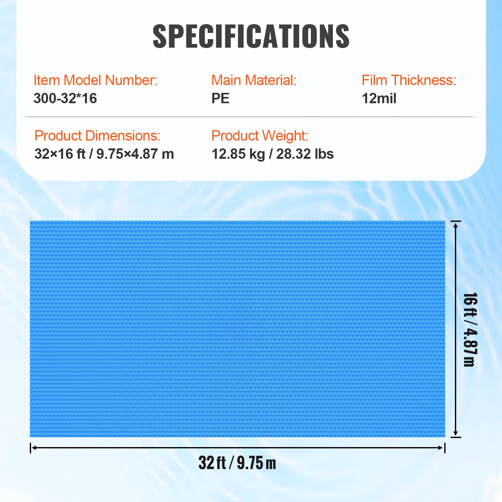 VEVOR 32 x 16 ft Rectangle Solar Pool Cover - 12 Mil Thick Blue Bubble Solar Blanket for Inground & Above Ground Swimming Pools | Heat Retention & Energy Saving | Perfect for Summer Pool Heating & Winter Protection