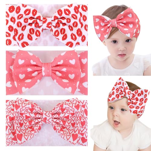 Subesty 3PCS Valentine's Day Baby Headbands - Heart Print Large Baby Girl Bows, Handmade Stretchy Nylon Hairbands for Newborns & Toddlers | Perfect for Valentine's Photos, Birthday Parties & Special Occasions