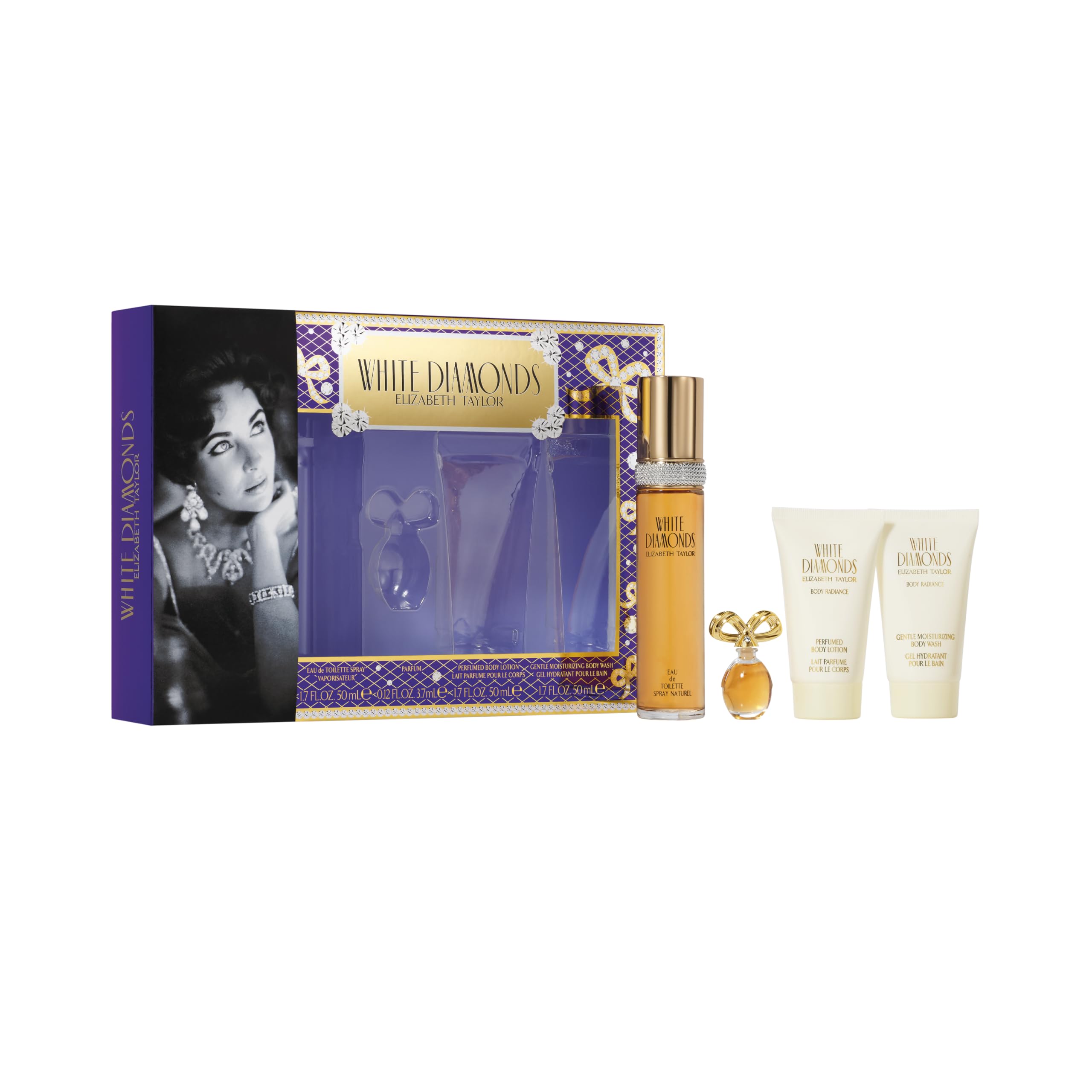 Elizabeth Taylor White Diamonds Perfume Gift Set for Women - 4 Piece 1.7 Fl Oz Eau de Parfum | Luxury Fragrance for Evening Wear, Date Night & Special Occasions