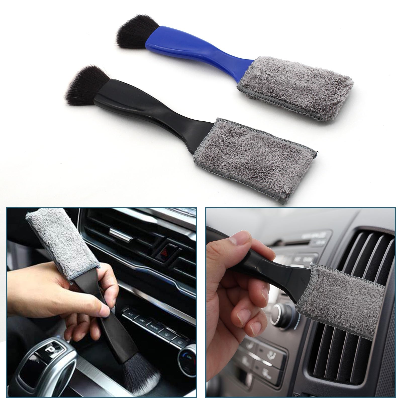2Pack Double Head Car Cleaning Brush - 2 in 1 Detailing Tools for Interior, Air Vents, Dashboard - Blue & Black - Perfect for Car Detailing & Home Cleaning