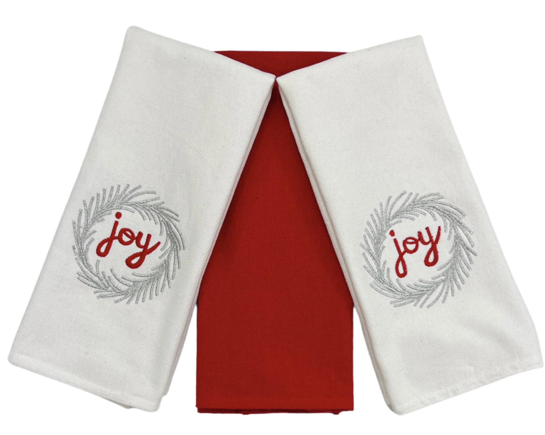 Christmas Joy Holiday Kitchen Hand Towels - Contemporary Silver Red Embroidered White Waffle Towels for Festive Decor & Gift Giving | Perfect for Holiday Parties, Home Decor & Hostess Gifts