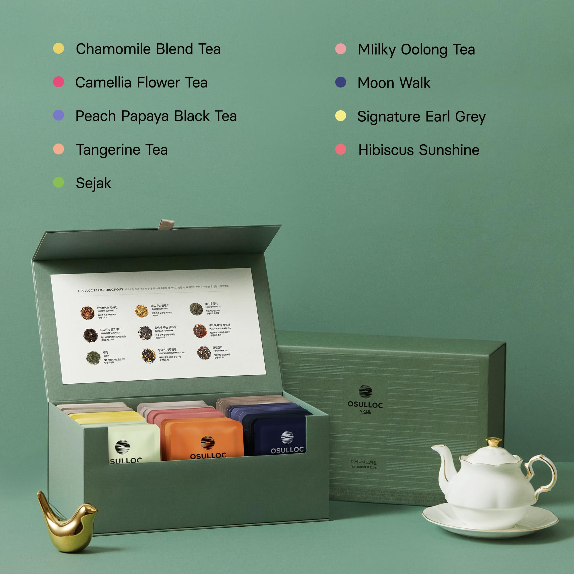 OSULLOC Premium Tea Variety Sampler - 54 Count (9 Flavors x 6 Each) | Gourmet Pure & Blended Tea from Jeju Island | Self Care Gift Box for Tea Lovers | Perfect for Relaxation, Gifting & Afternoon Tea Time