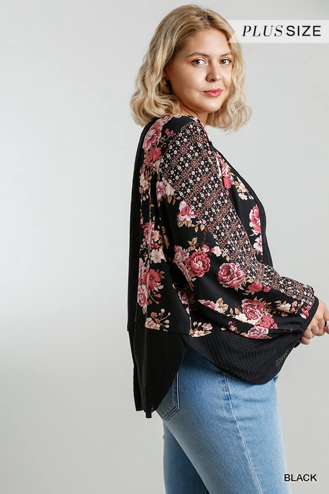 Umgee USA Women's Mixed Print Long Puff Sleeve Waffle Knit Top - Stylish Casual Blouse for Fall & Winter | Perfect for Office, Date Night & Weekend Outfits