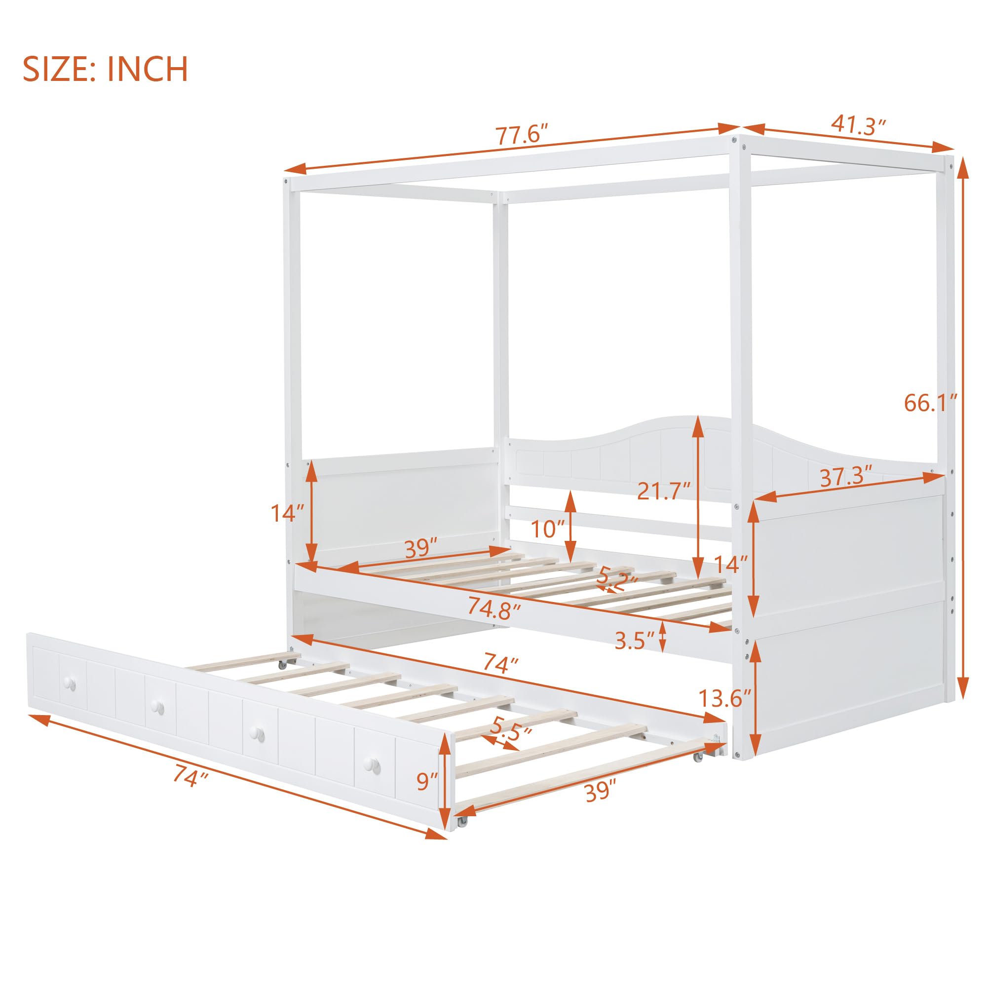 Harper & Bright Designs White Wooden Twin Canopy Bed with Trundle - Daybed & Sofa Bed Frame for Kids, Teens & Adults - No Box Spring Needed - Perfect for Guest Rooms, Dormitories & Small Spaces