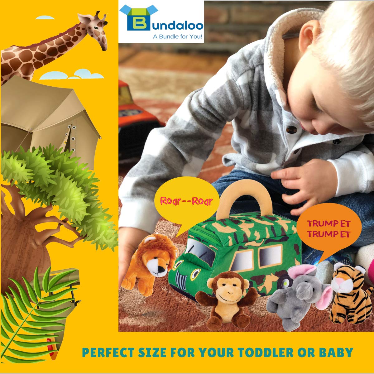 Bundaloo Plush Jungle Animals Set with Realistic Sounds - Soft Stuffed Animal Toys for Kids with Safari Truck Carrier - Mini Tiger, Lion, Monkey & Elephant - Perfect for Pretend Play, Nursery Decor & Safari-Themed Birthday Gifts