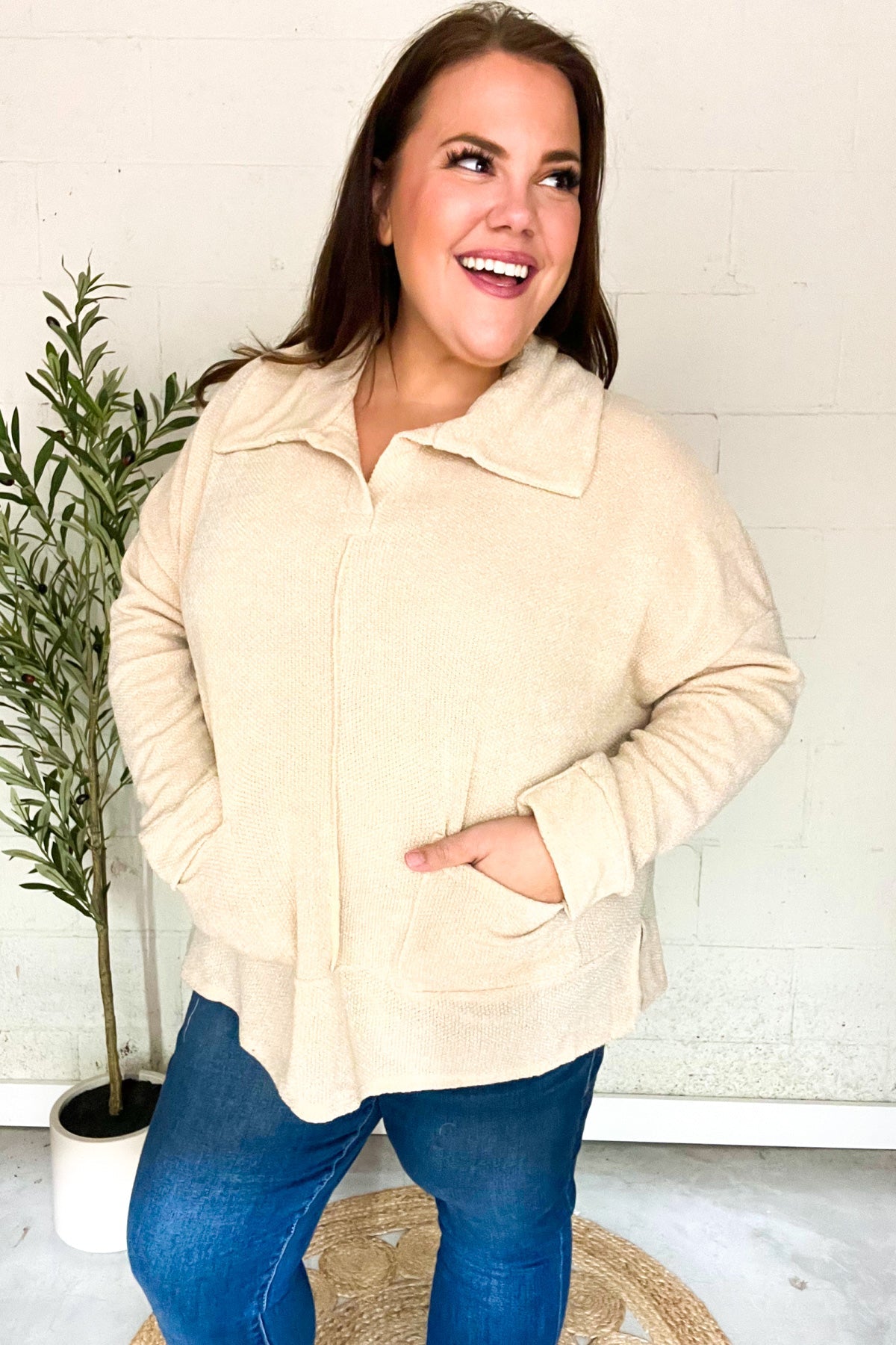 Easy Living Oatmeal Textured Knit Notch Neck Oversized Collar Sweater - Cozy Oversized Women's Knitwear for Fall & Winter | Perfect for Casual Outfits, Coffee Dates and Weekend Relaxation