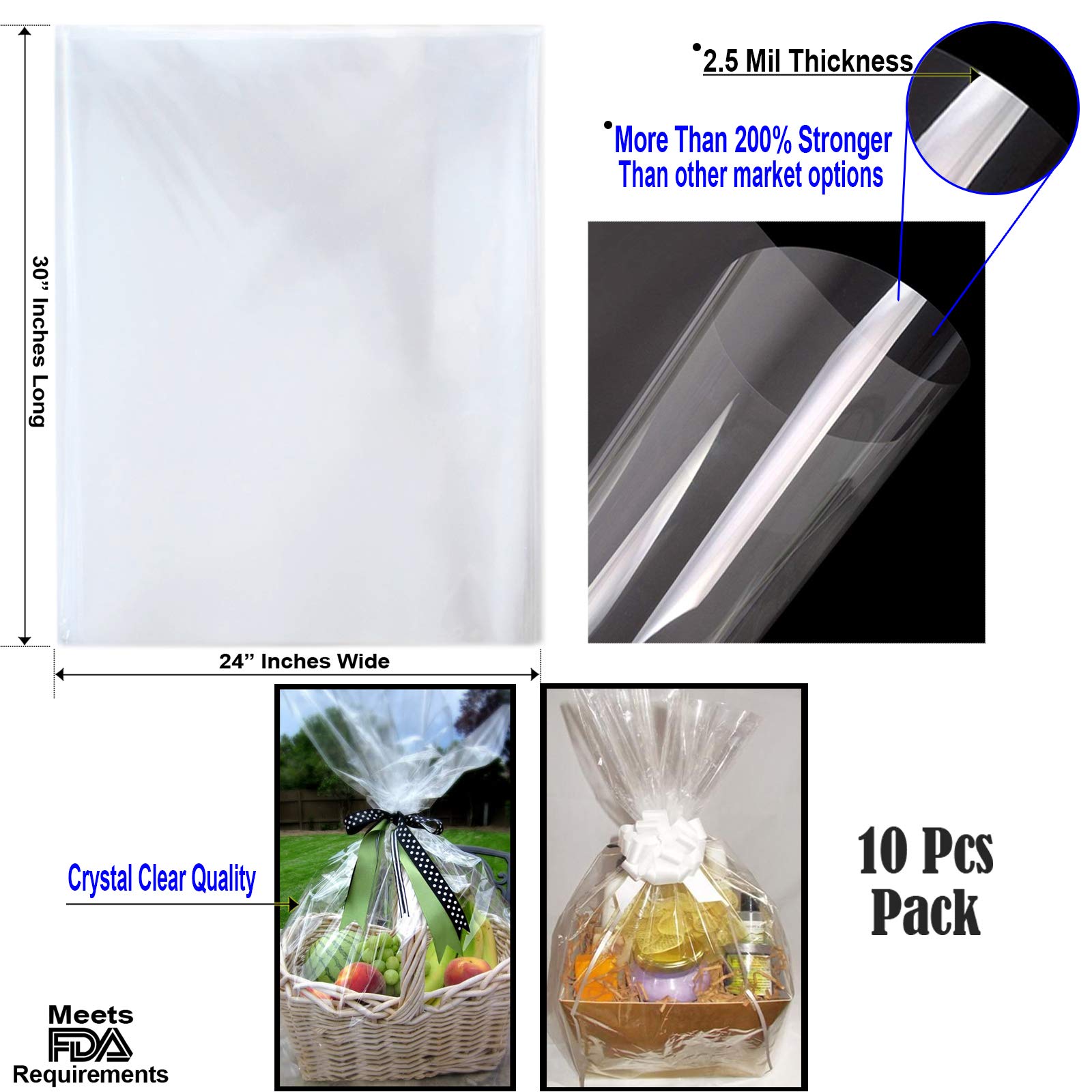 AnapoliZ Clear Cellophane Wrap Bags - 10 Pack X-Large 24