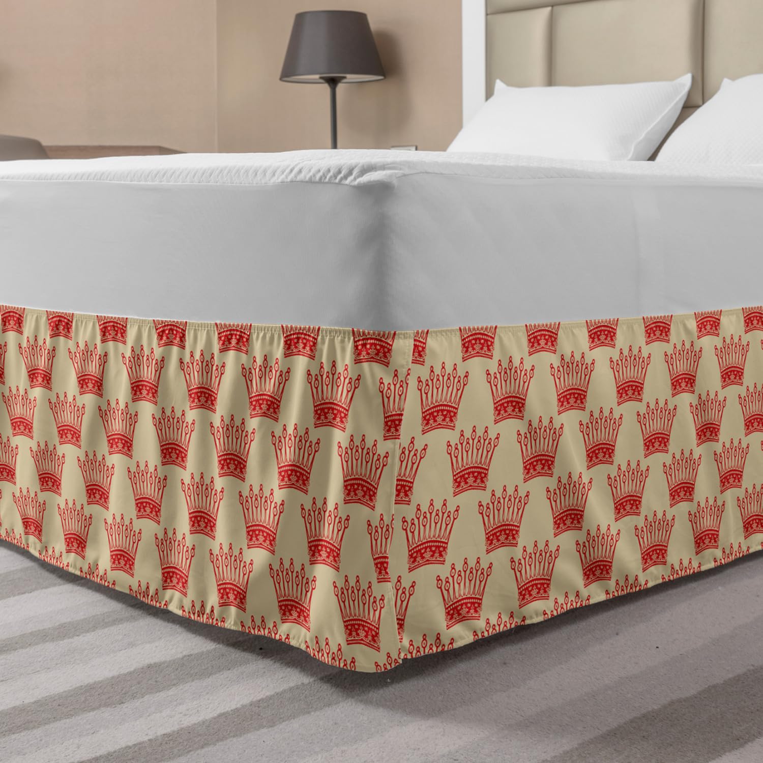 Ambesonne Vintage Crowns Pattern Queen Bed Skirt - Elastic Dust Ruffle Wrap Around Bedding Decor for Imperial Nobility Theme, Grey Yellow Vermilion - Perfect for Vintage & Royal Bedroom Decor, Guest Rooms, and Luxurious Home Styling