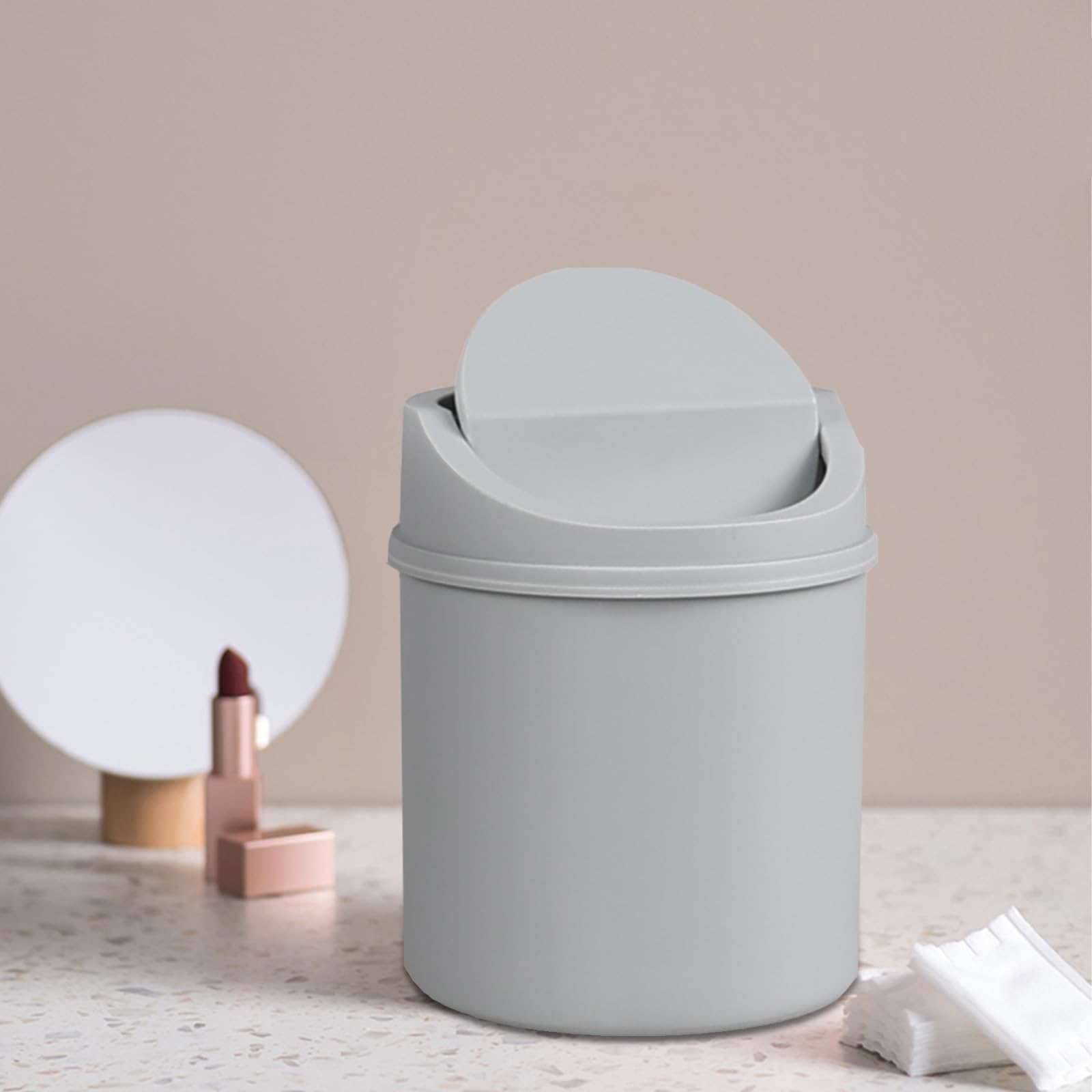 0.5 Gallon Mini Desktop Trash Can with Swing Lid - Small Office Waste Bin for Desk, Bathroom, or Bedroom - Space-Saving Gray Garbage Can for Home & Office Use