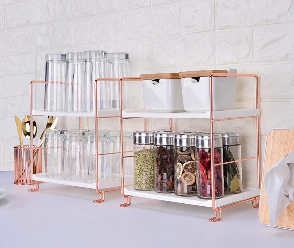 Premium Metal Standing Spice Rack - 2-Tier Rose Gold Countertop Organizer for Kitchen, Bathroom | Spice Jar Storage, Makeup & Jewelry Display | Space-Saving Shelf for Countertops, Vanities & Pantries