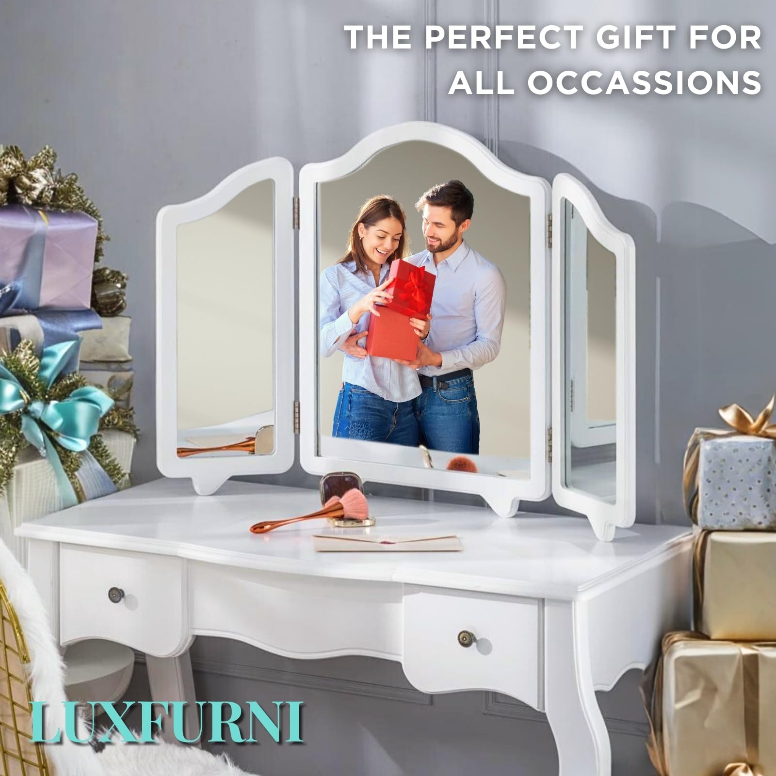 LUXFURNI Hollywood Vanity Mirror - Large 3-Side Folding Makeup Mirror with Lights, Adjustable Tabletop Mirror for Dressing Room & Bathroom (White) - Perfect for Makeup Application, Hairstyling & Skincare Routine