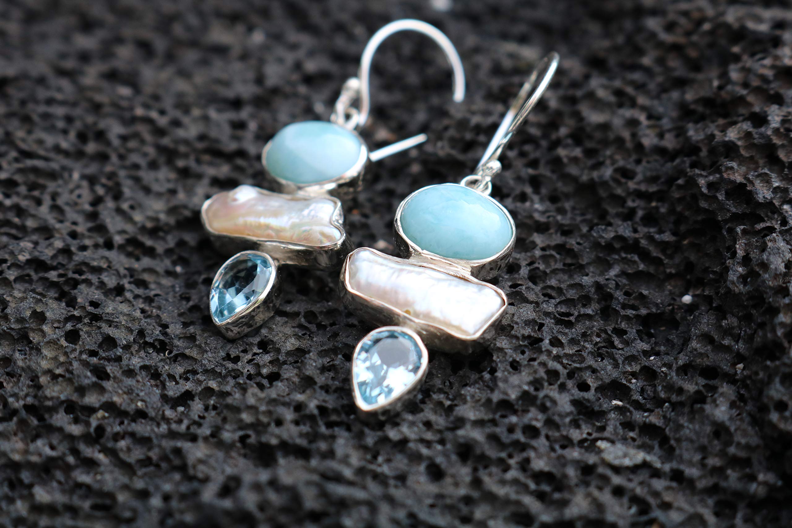 Larimar Pearl Blue Topaz Earrings - Sterling Silver Jewelry for Women - Elegant Dangle Earrings for Parties, Weddings & Special Occasions