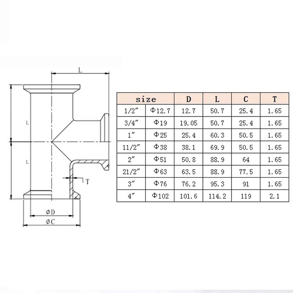 Stainless Steel 304 Tri Clamp Tee Fitting - 2 Inch (51mm) 3-Way Sanitary Pipe Connector for Brewing, Dairy, Pharmaceutical & Food Processing Industries