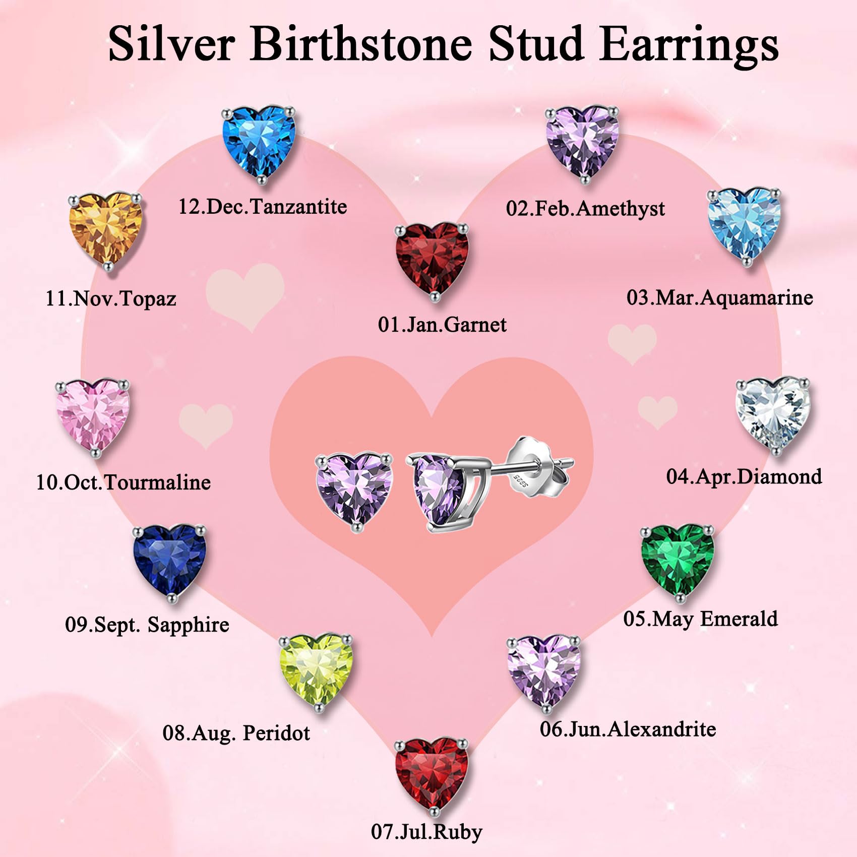925 Sterling Silver Heart Stud Earrings for Women - Hypoallergenic 6mm Tiny Cartilage Earrings with Zirconia & Birthstone | Perfect Birthday Gift, Everyday Wear & Special Occasions
