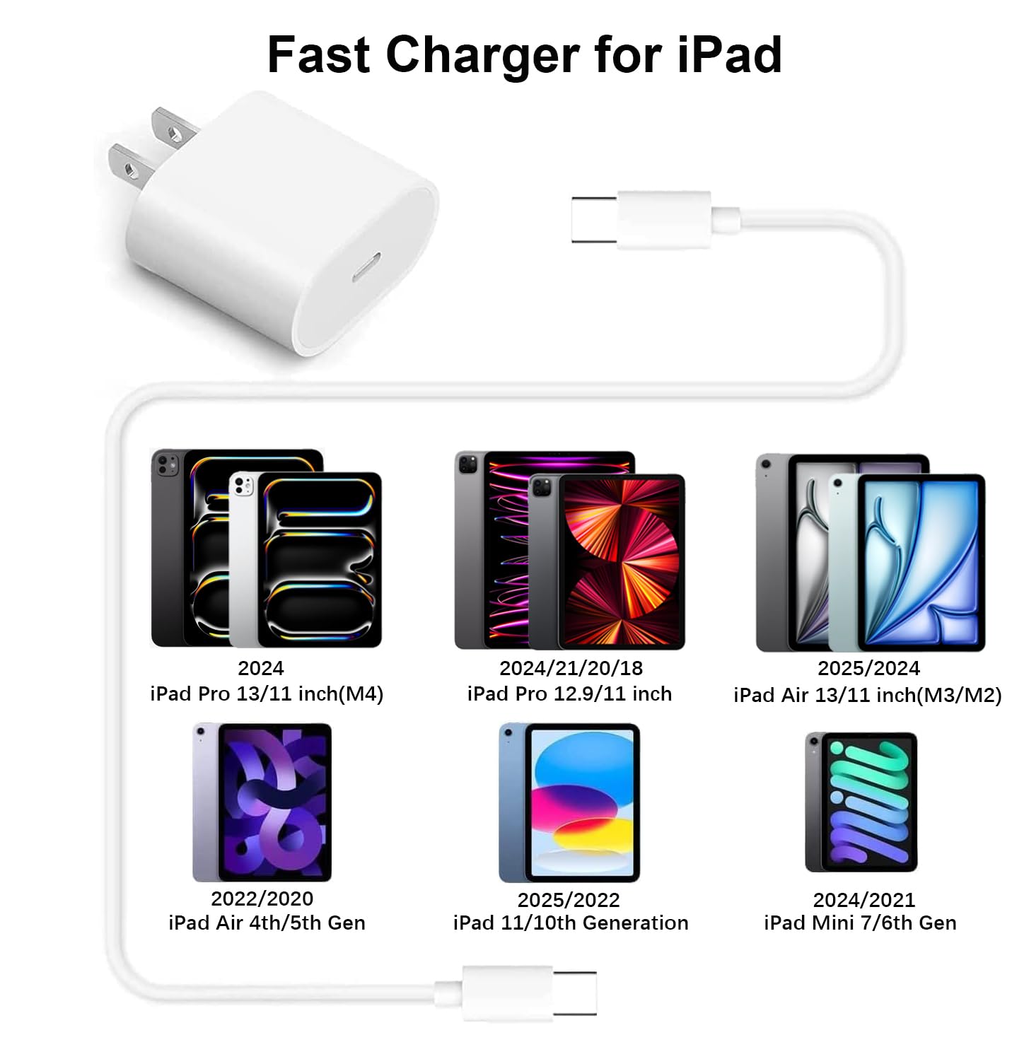 20W USB C Fast Charger Block with 6.6ft USB C to C Cable - Compatible with iPad Pro 13/12.9/11 inch, iPad Air, iPad Mini & More | Fast Charging for Home, Office & Travel