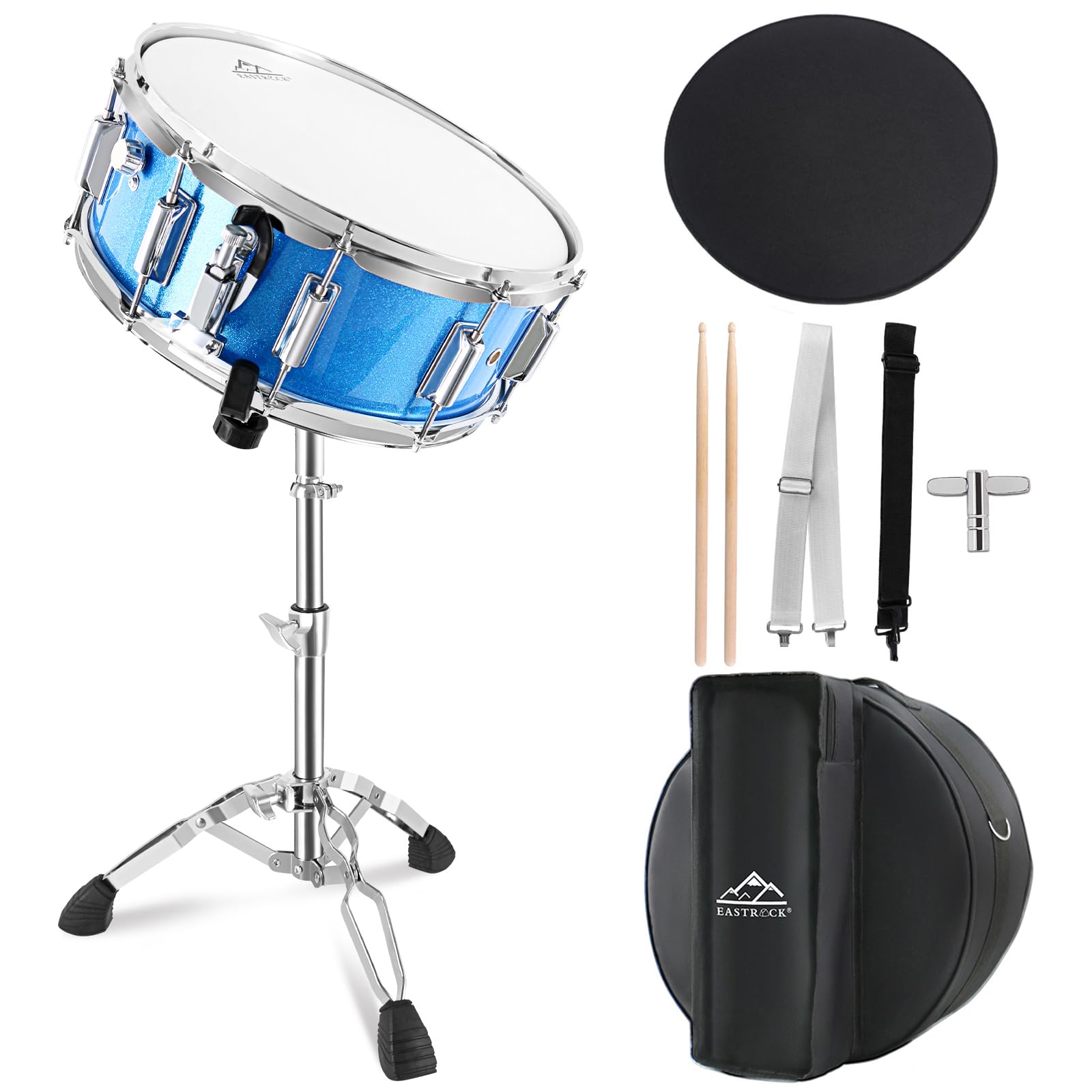 EASTROCK 14x5.5 Inch Snare Drum Set for Beginners - Includes Gig Bag, Drumsticks, Stand, Drum Keys & Coated Drum Head - Blue - Perfect for School Band, Practice & Live Performances