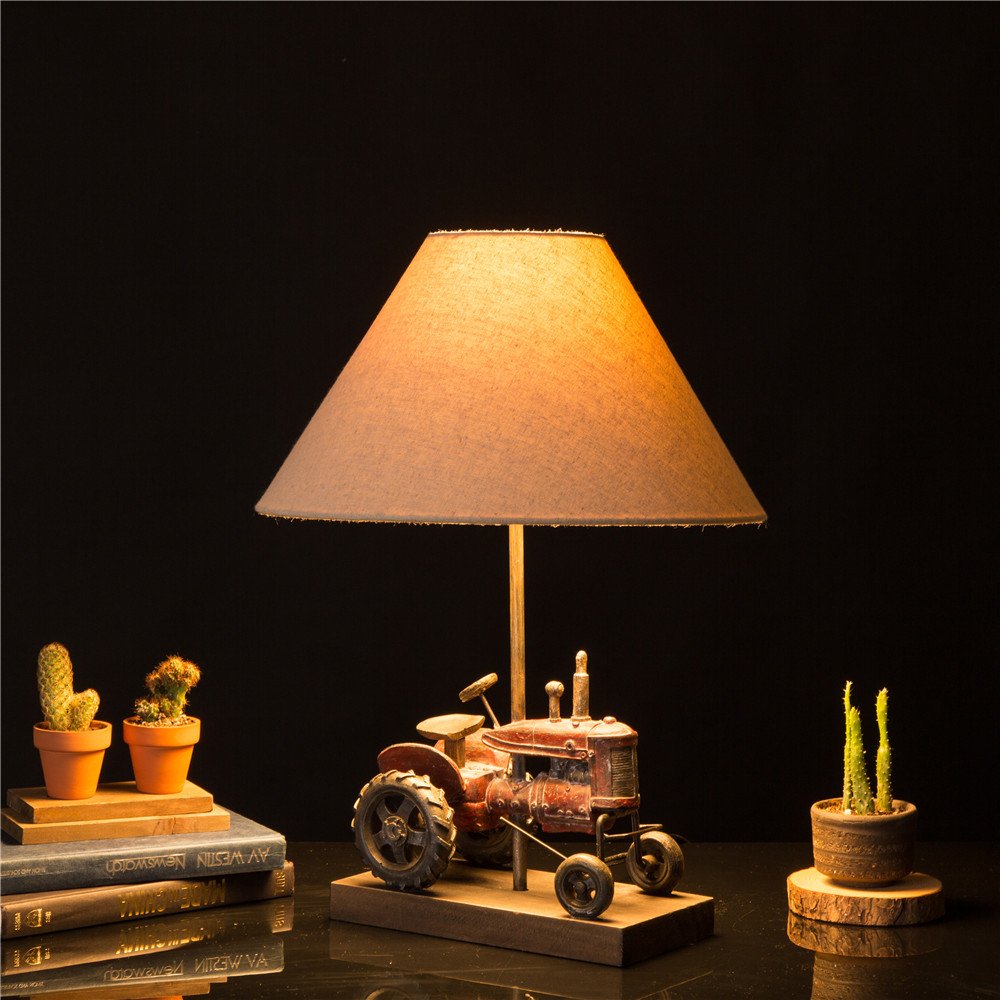 Farmhouse Style eUty Table Lamp with Burlap Shade - Rustic Tractor Design for Living Room, Bedroom & Nursery - Perfect for Boys, Girls & Home Decor