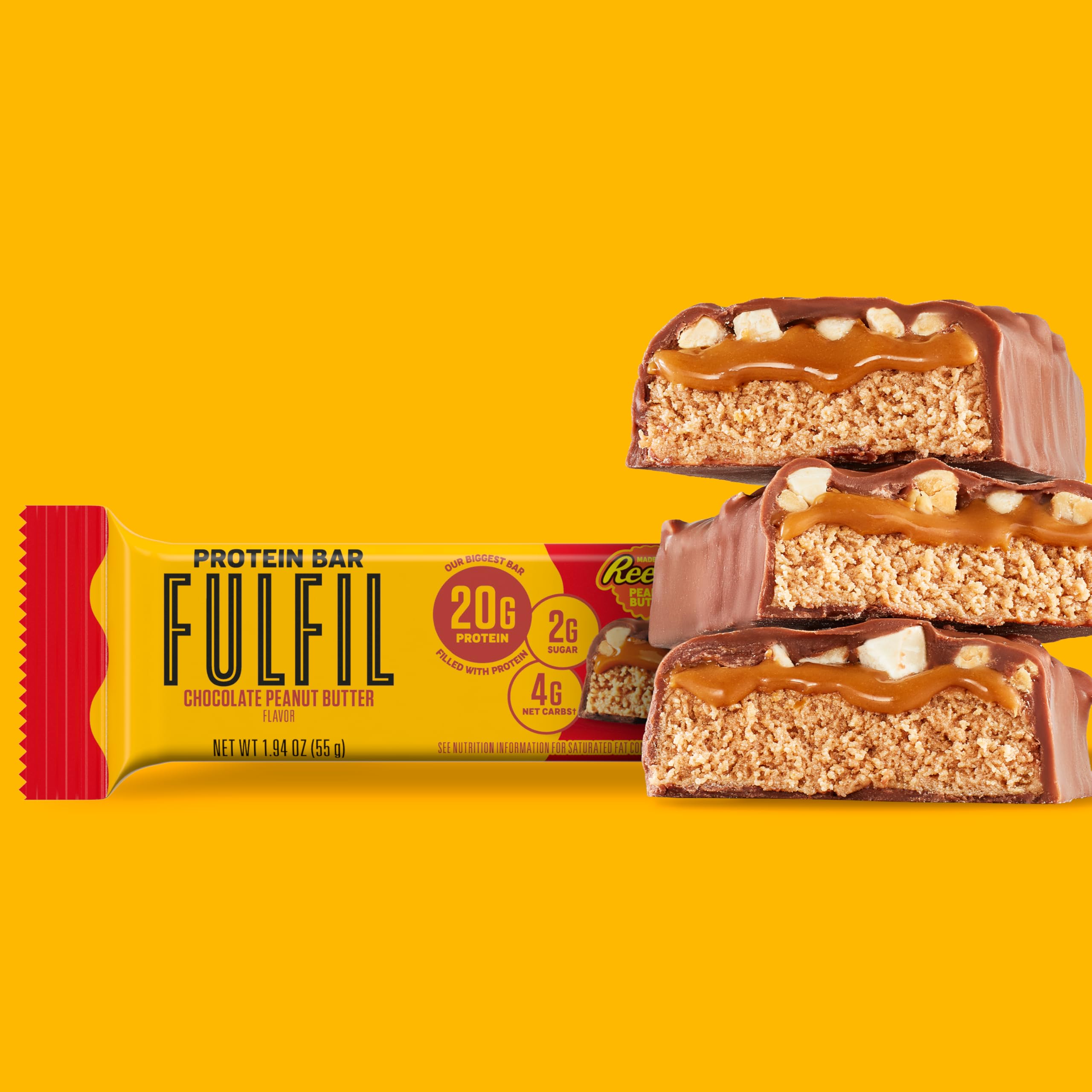 FULFIL Chocolate & Reese's Protein Bars - High Protein Snack (20g) with Chocolate Peanut Butter Flavor - 12 Pack for Gym, Workout & Healthy On-the-Go Nutrition