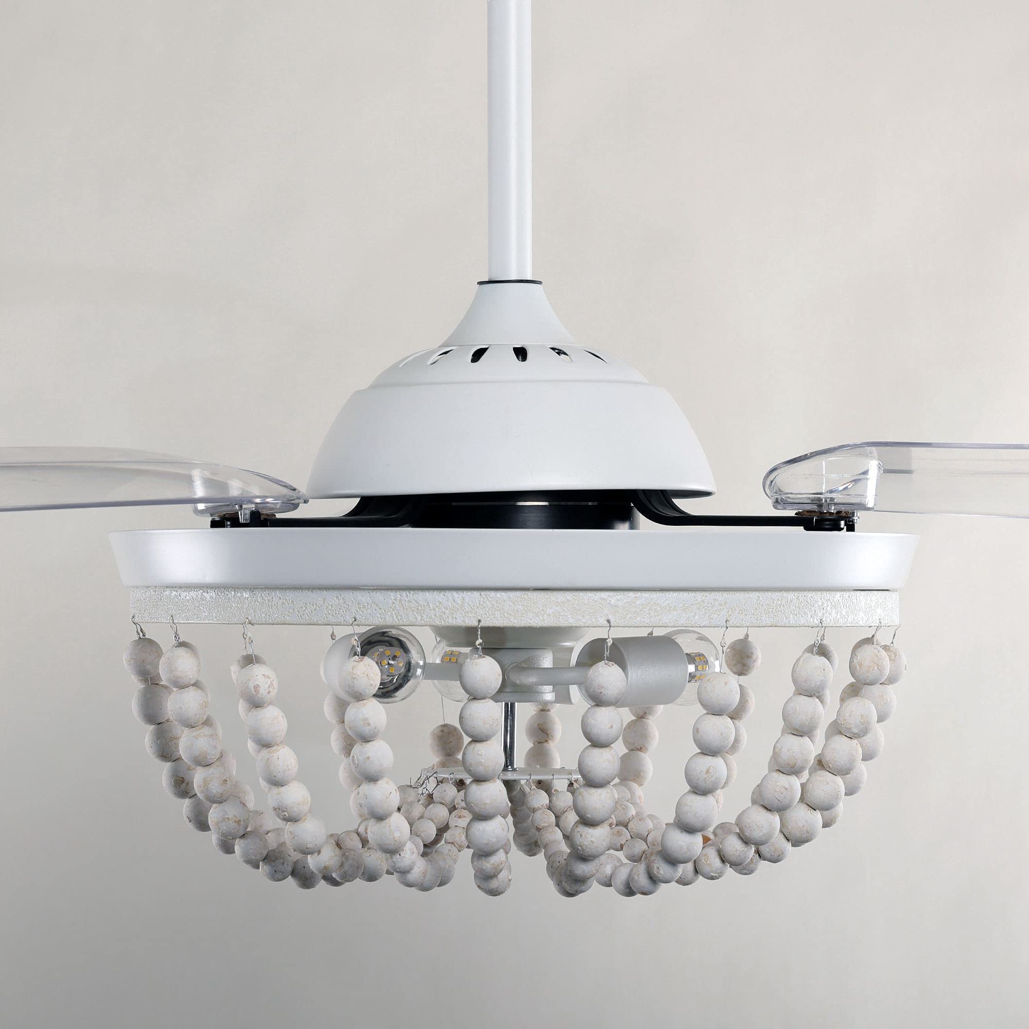 Parrot Uncle 42 Inch White Farmhouse Ceiling Fan with Light & Remote Control - Wood Beaded Chandelier Style for Bedroom, Living Room & Indoor Spaces | Energy Efficient & Quiet Operation