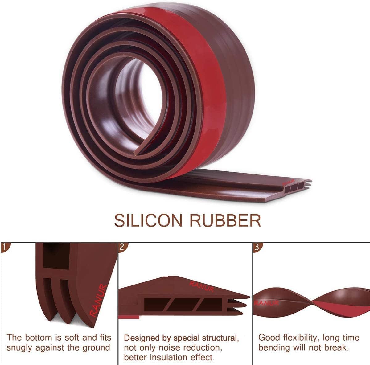 RANUR Silicone Self-Adhesive Door Bottom Seal Strip - 1 Meter Brown Weatherproof Door Sweep for Dust, Insect & Noise Protection - Perfect for Home, Office & Apartment Doors to Block Drafts & Improve Energy Efficiency