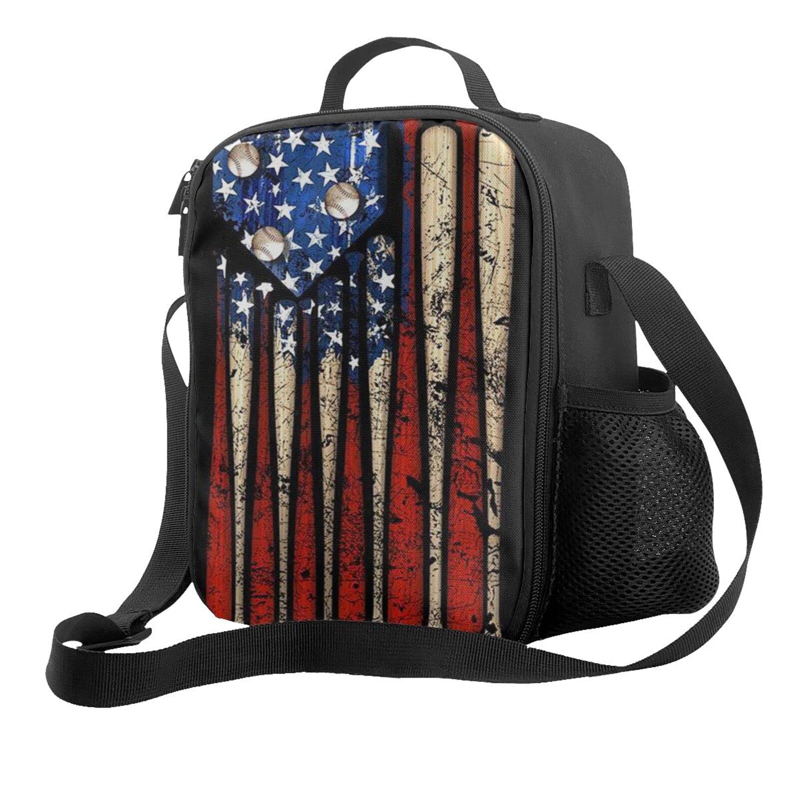 Insulated Baseball Lunch Bag with Adjustable Shoulder Strap - American Flag Design Thermal Cooler Tote for Men & Boys - Perfect for School, Work, Sports & Outdoor Activities