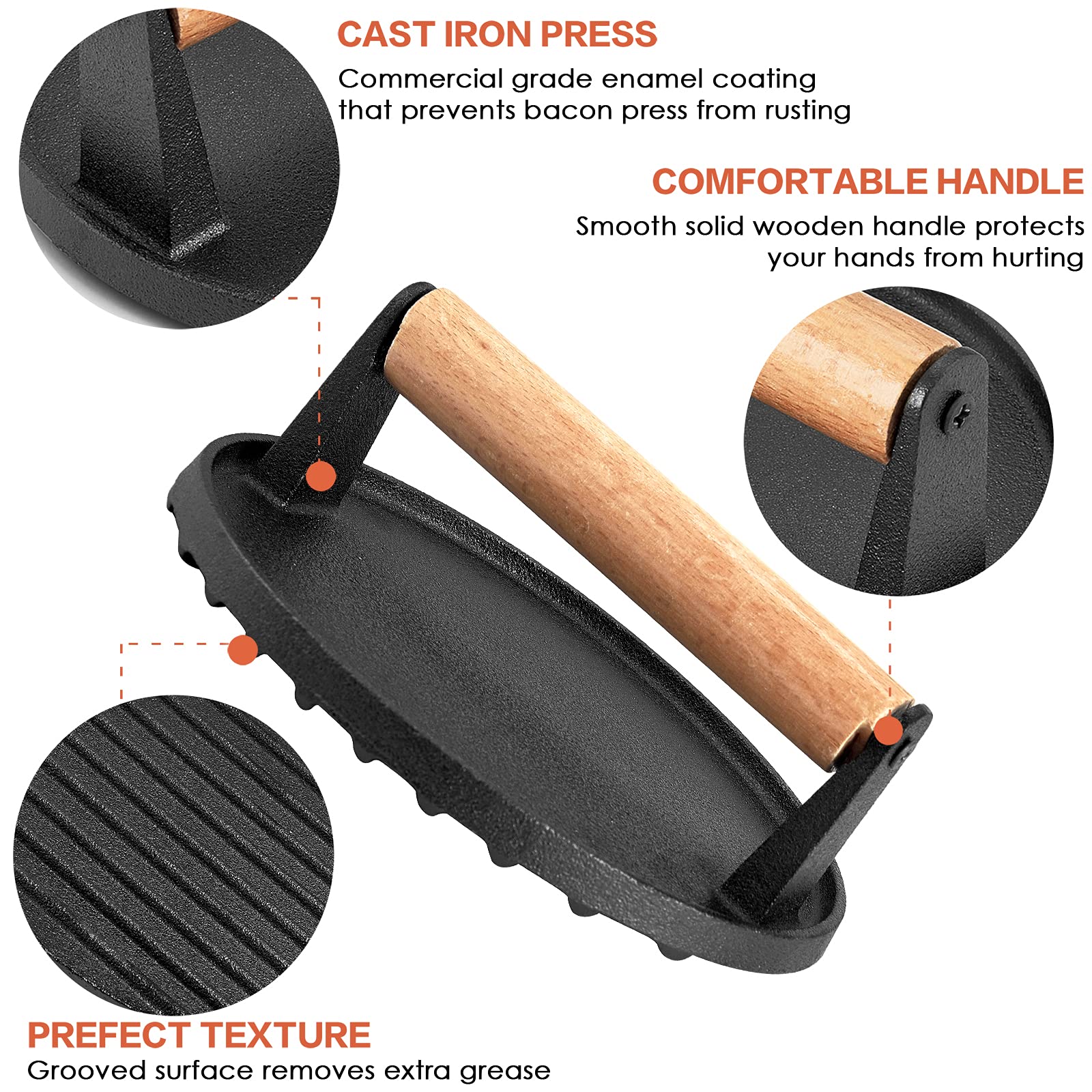 Premium HaSteeL Cast Iron Grill Press - Heavy Duty 7 Inch Bacon & Burger Press with Ergonomic Wooden Handle | Pre-Seasoned Steak Weight for Flat Top Griddle, Teppanyaki, BBQ | Perfect for Indoor & Outdoor Cooking, Camping, Backyard Parties (2-Piece Set)