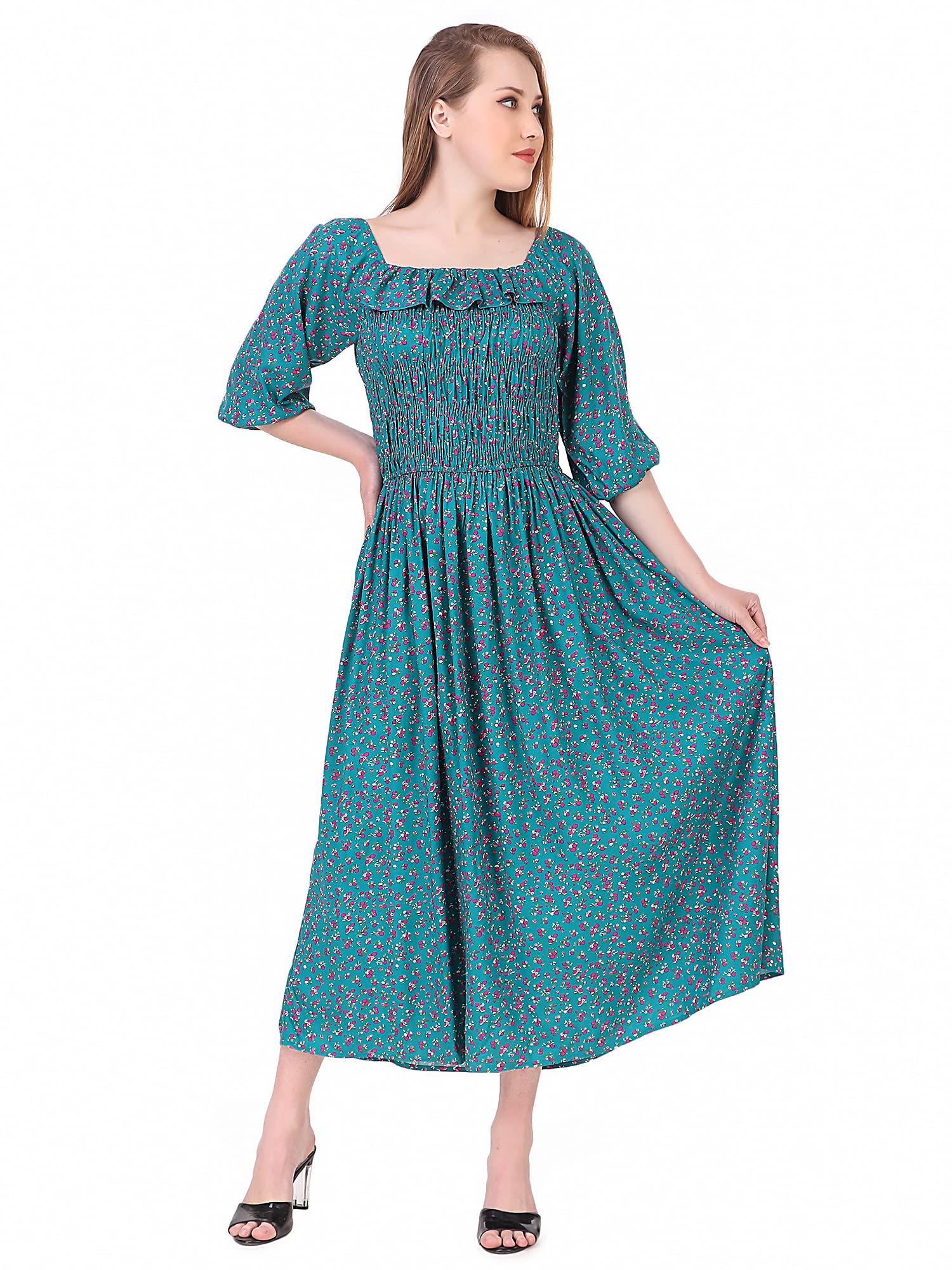 BoheeWohee Women's Floral Boho Midi Dress with Puff Sleeves - Summer Smocked Waist Dress for Beach Vacation, Date Night & Outdoor Parties