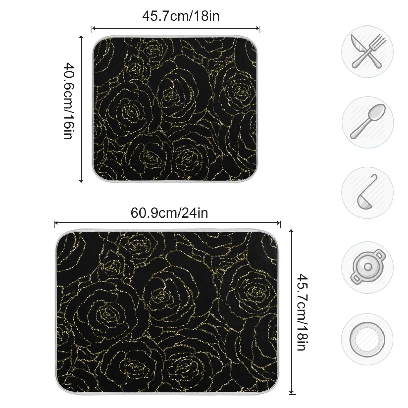 Susiyo Gold Glitter Roses Dish Drying Mat - Super Absorbent Microfiber Kitchen Counter Pad (18x24 Inch) | Heat-Resistant, Non-Slip & Safe for Dishes | Perfect for Drying Cups, Plates & Utensils on Countertops