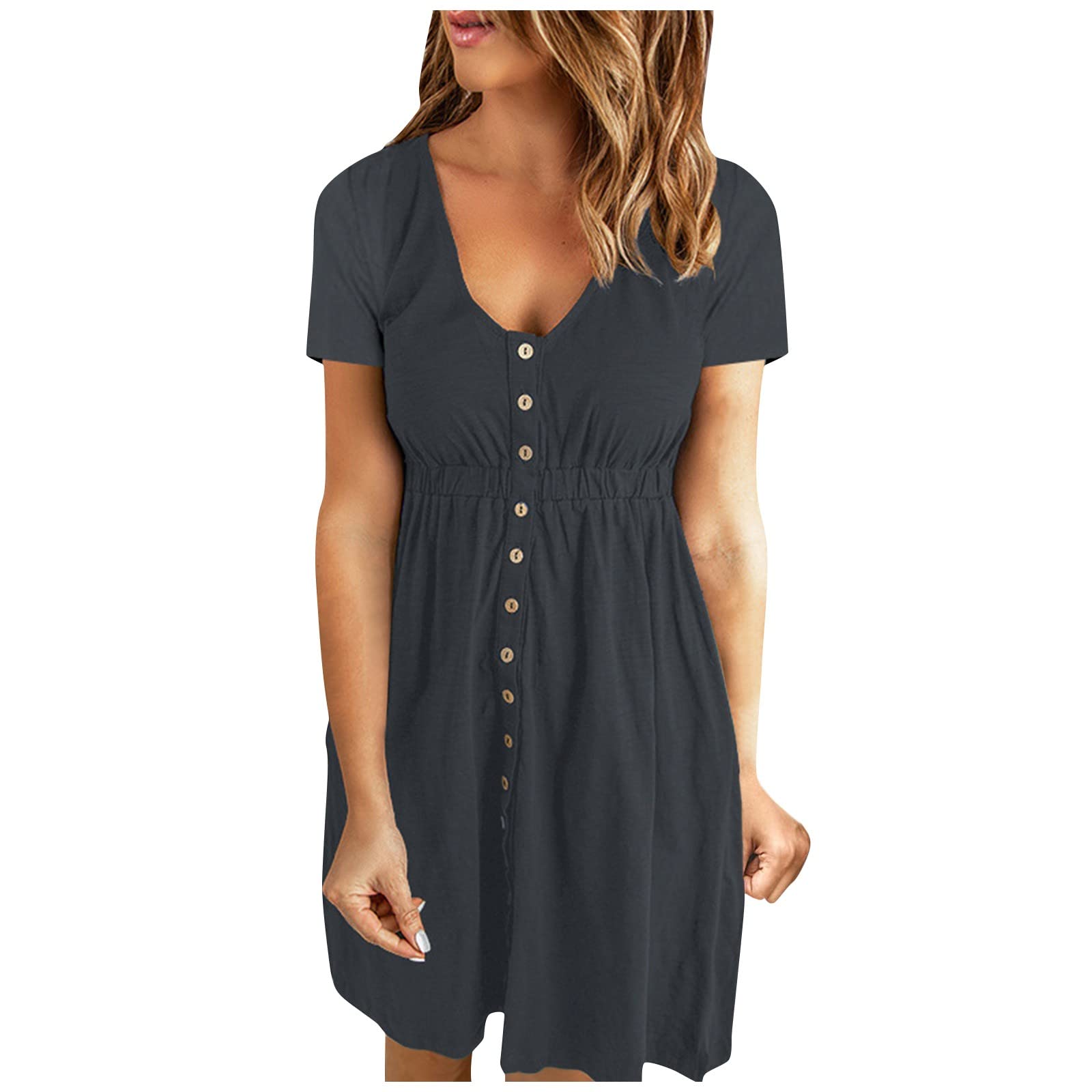Women's Plus Size Summer Casual A-Line Dress - Solid Color Round Neck Short Sleeve Loose Fit Dress for Beach, Vacation & Everyday Wear
