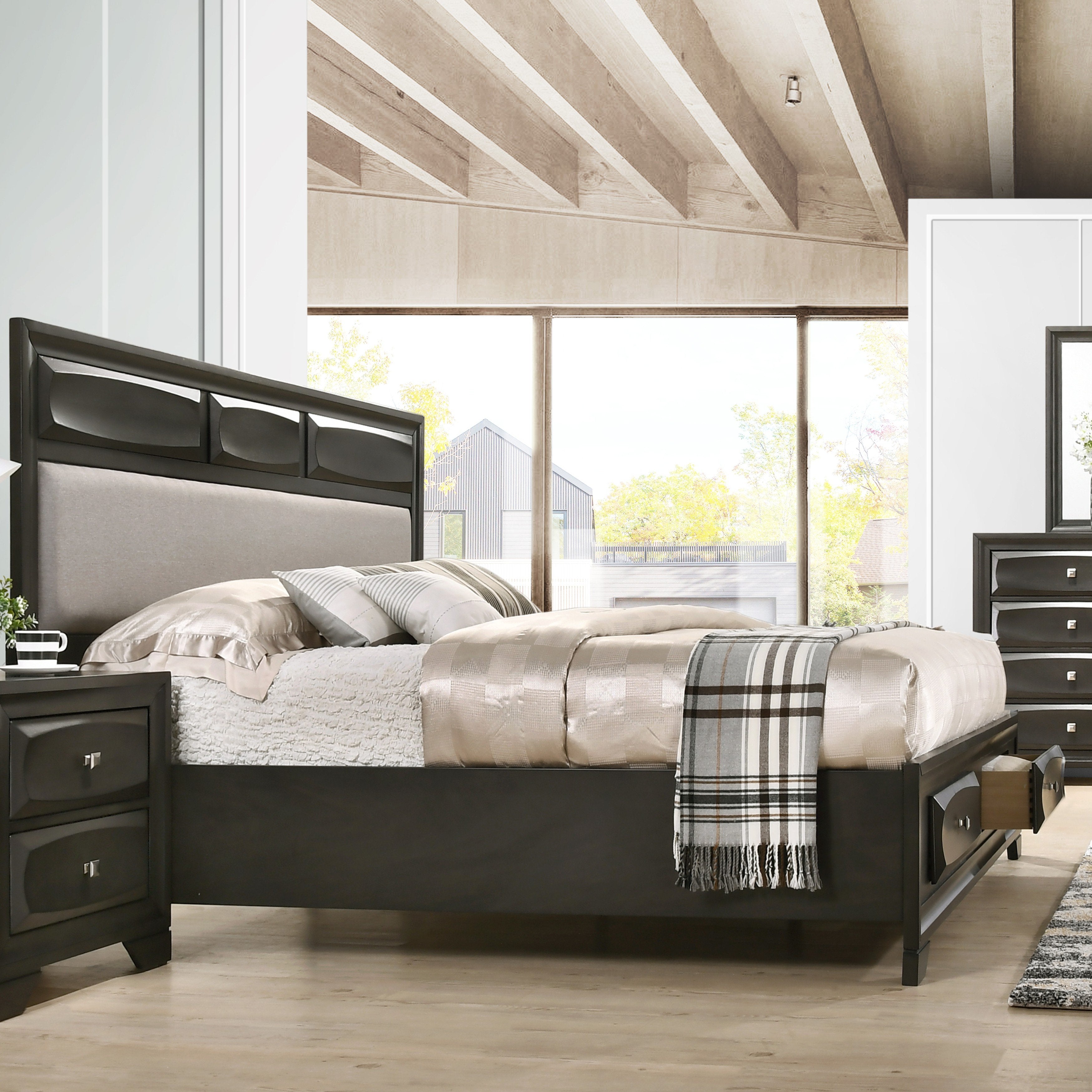 Antique Gray Wood Storage Platform Bed Frame - Queen Size Solid Oak Wooden Bed with Underbed Storage Drawers for Small Bedroom & Guest Room