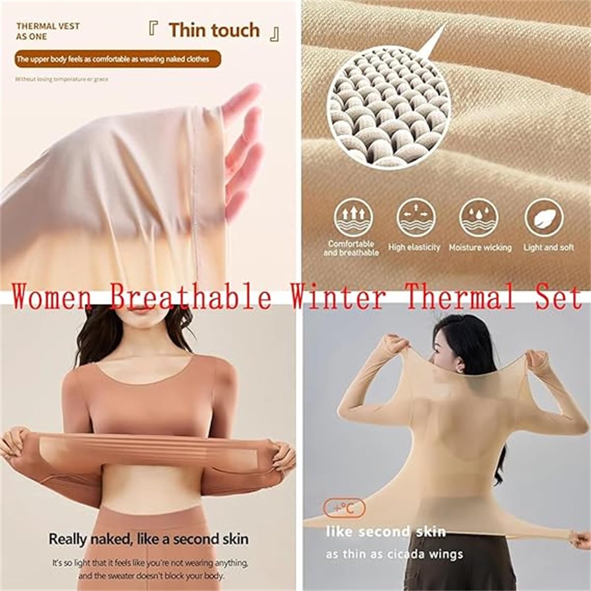 Women's Ultra Thin Seamless Thermal Underwear Set - Elastic Warm Base Layer Top & Pants - Ultra Soft Winter Pajamas for Women - Perfect for Cold Weather, Layering & Indoor Comfort