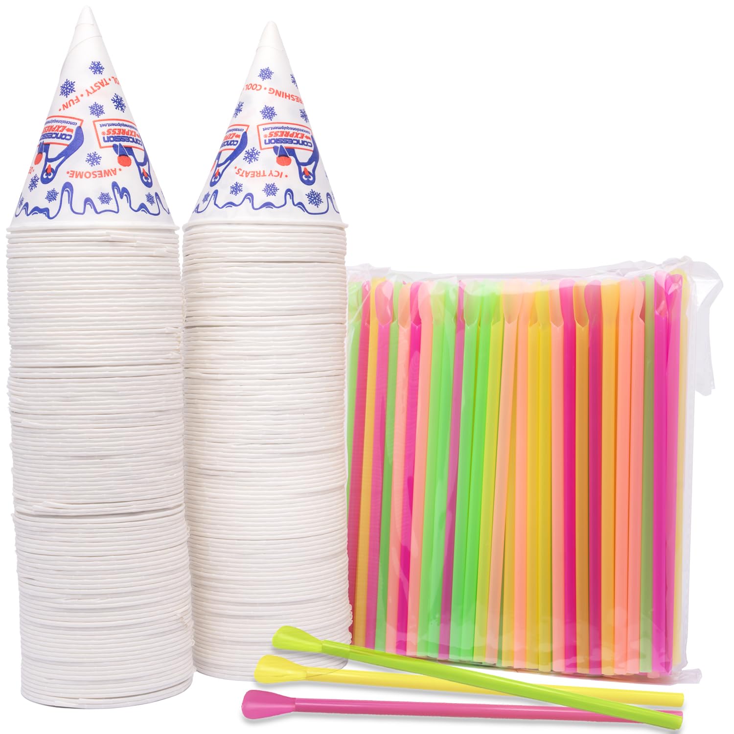 200 Pack 6oz Disposable Snow Cone Cups with 200 Spoon Straws - Perfect for Summer Parties, Concessions, and Frozen Treats