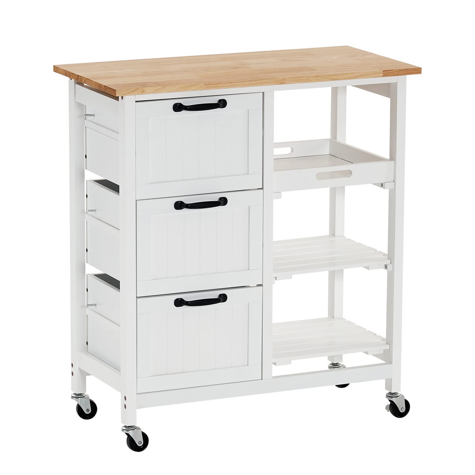 VINGLI Rolling Kitchen Island Cart with 3 Drawers & 3-Tier Storage - Natural Solid Wood Top, Mobile Microwave Trolley for Small Kitchens | Perfect for Coffee Bars, Serving Stations & Compact Kitchen Organization
