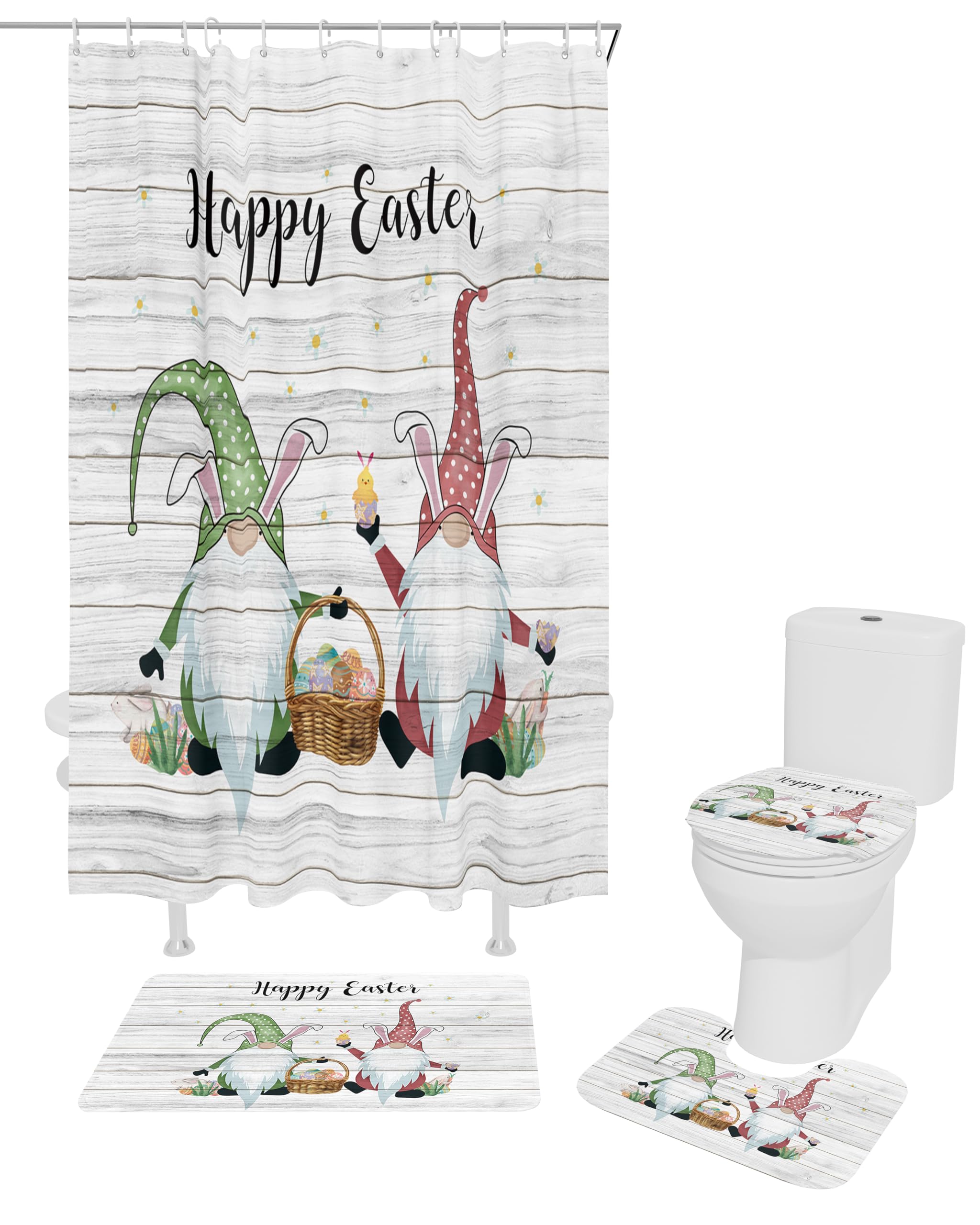 ALAGEO 4-Piece Easter Gnome Shower Curtain Set - Waterproof Bathroom Decor with Non-Slip Rug, Toilet Cover & Bath Mat - Farmhouse Style for Spring Bathroom Makeover (Perfect for Easter Decorations & Guest Bathrooms)