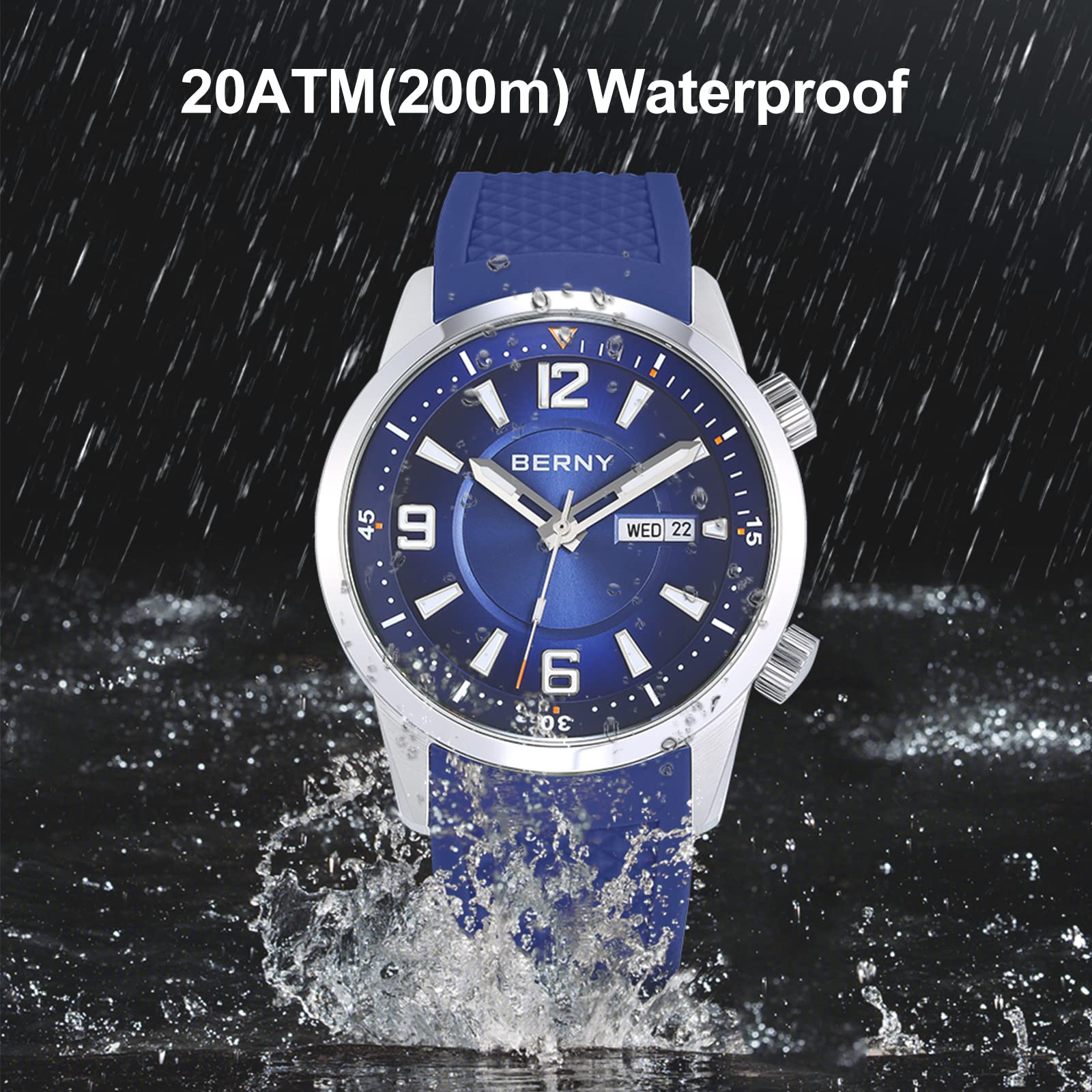 BERNY Men's Automatic Dive Watch - 20ATM Waterproof, Sapphire Glass, Super Luminous - Mechanical Wristwatch with Screw-Down Crown & Silicone Band - Perfect for Scuba Diving, Swimming and Outdoor Adventures
