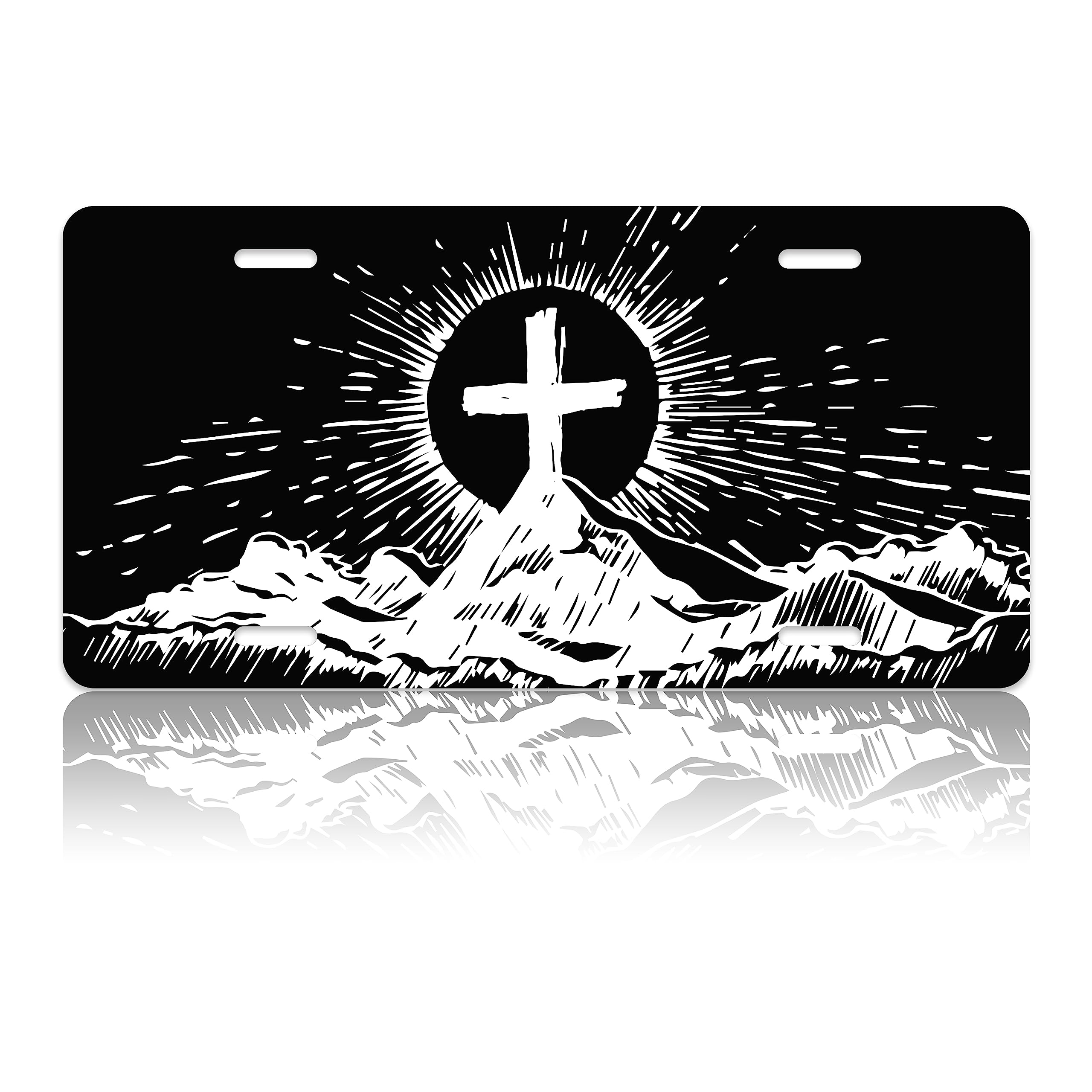 Personalized Jesus Cross & Mountain Religious Car License Plate Cover - Rust-Proof Stainless Steel Vanity Tag with 4 Screws - Funny Novelty Decorative Gift for Women - Perfect for Christian Car Accessories & Faith-Based Vehicle Decor
