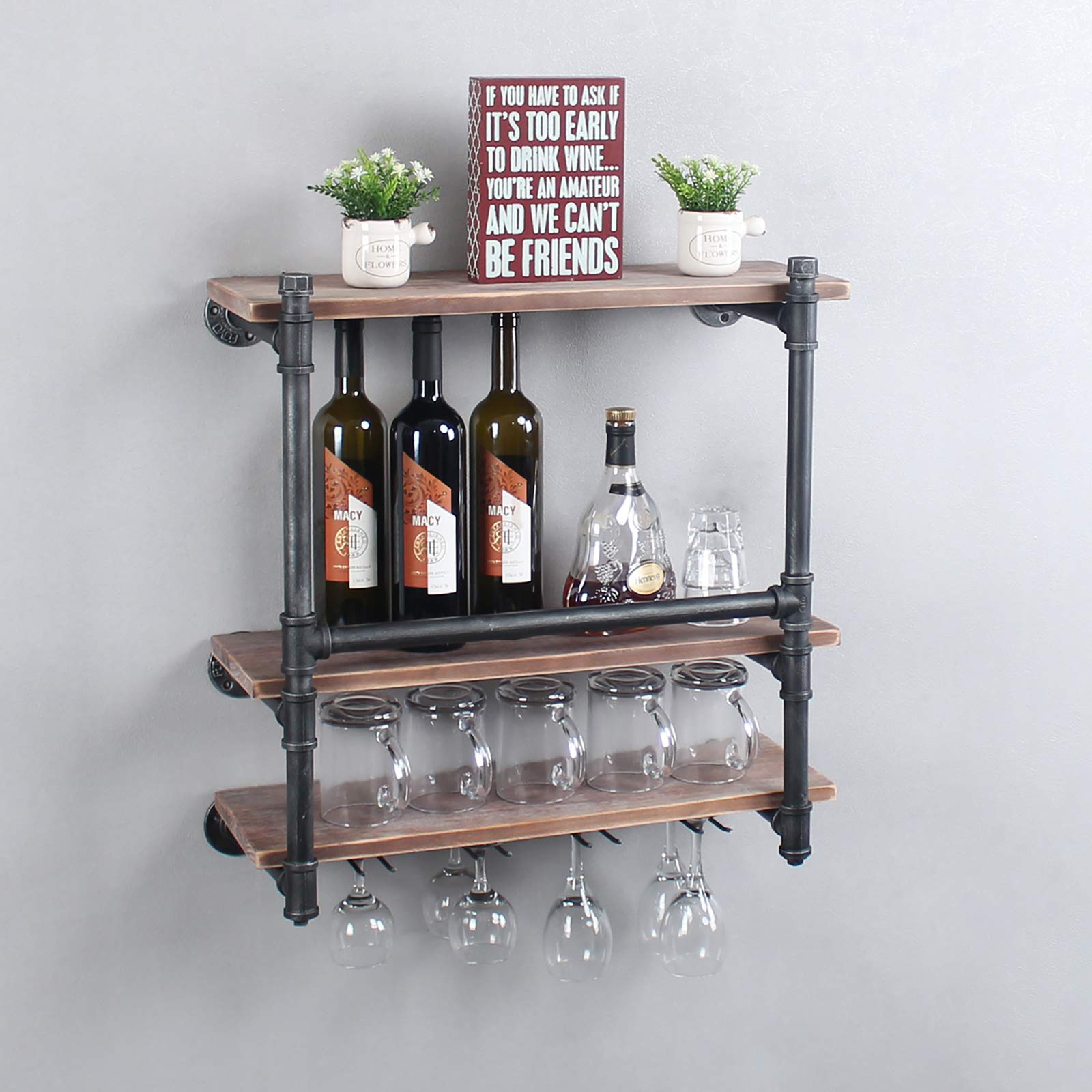 Industrial Wall Mounted Wine Rack - 3-Tier Wood Shelf with 4 Stemware Glass Holder & Mug Racks - Bottle & Glass Display for Home Bar, Kitchen Decor - Black Brushed Silver (24 inch, Style B) - Perfect for Dining Room, Wine Cellar & Entertaining Spaces