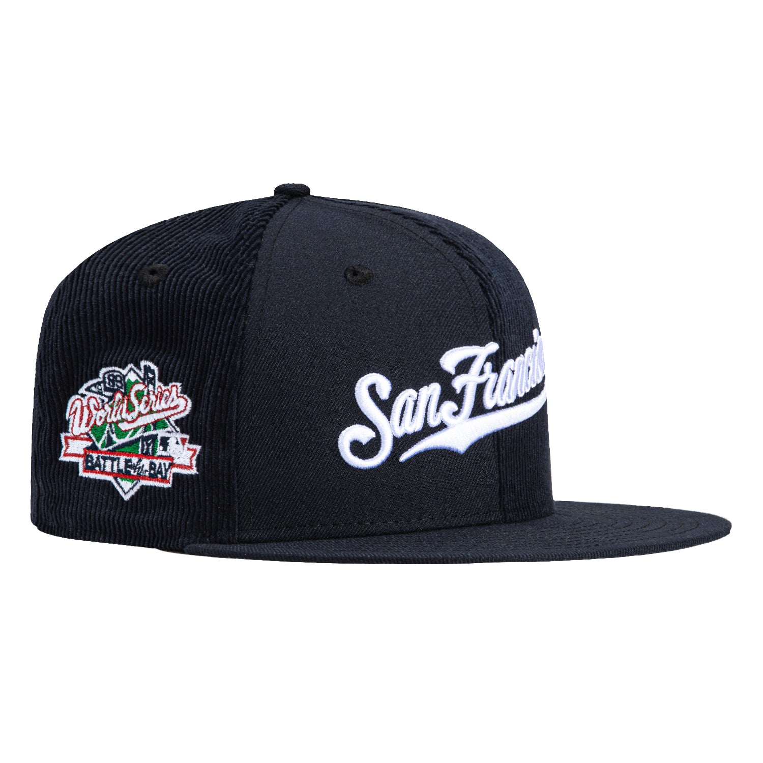 New Era 59Fifty Corduroy MLB Baseball Cap - San Francisco Giants Battle of the Bay Patch Pinwheel Script Snapback Hat in Navy & White | Perfect for Baseball Games, Streetwear Fashion & Sports Fans Collection