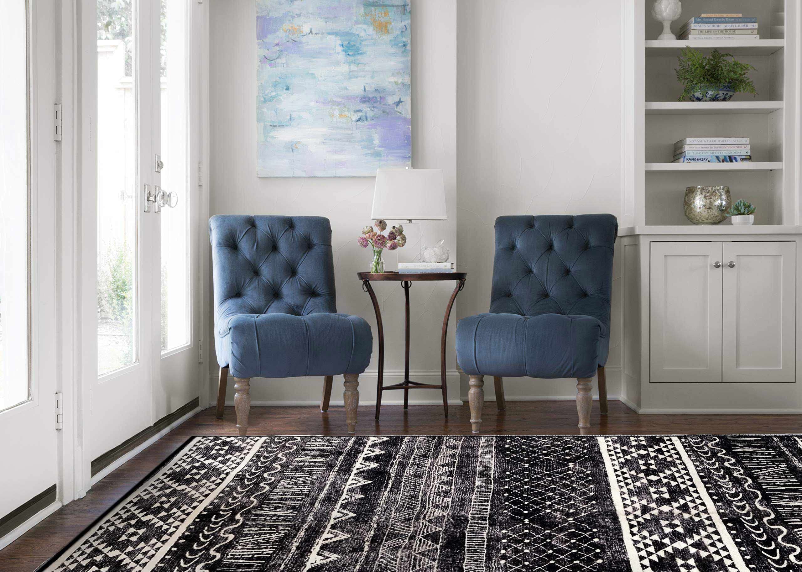 Modern Non-Slip Washable Area Rug - 6.7'x9.8' Neutral Black and White Indoor Carpet for Living Room, Bedroom & Dining Room - Soft Comfort for Home Decor & Family Gatherings