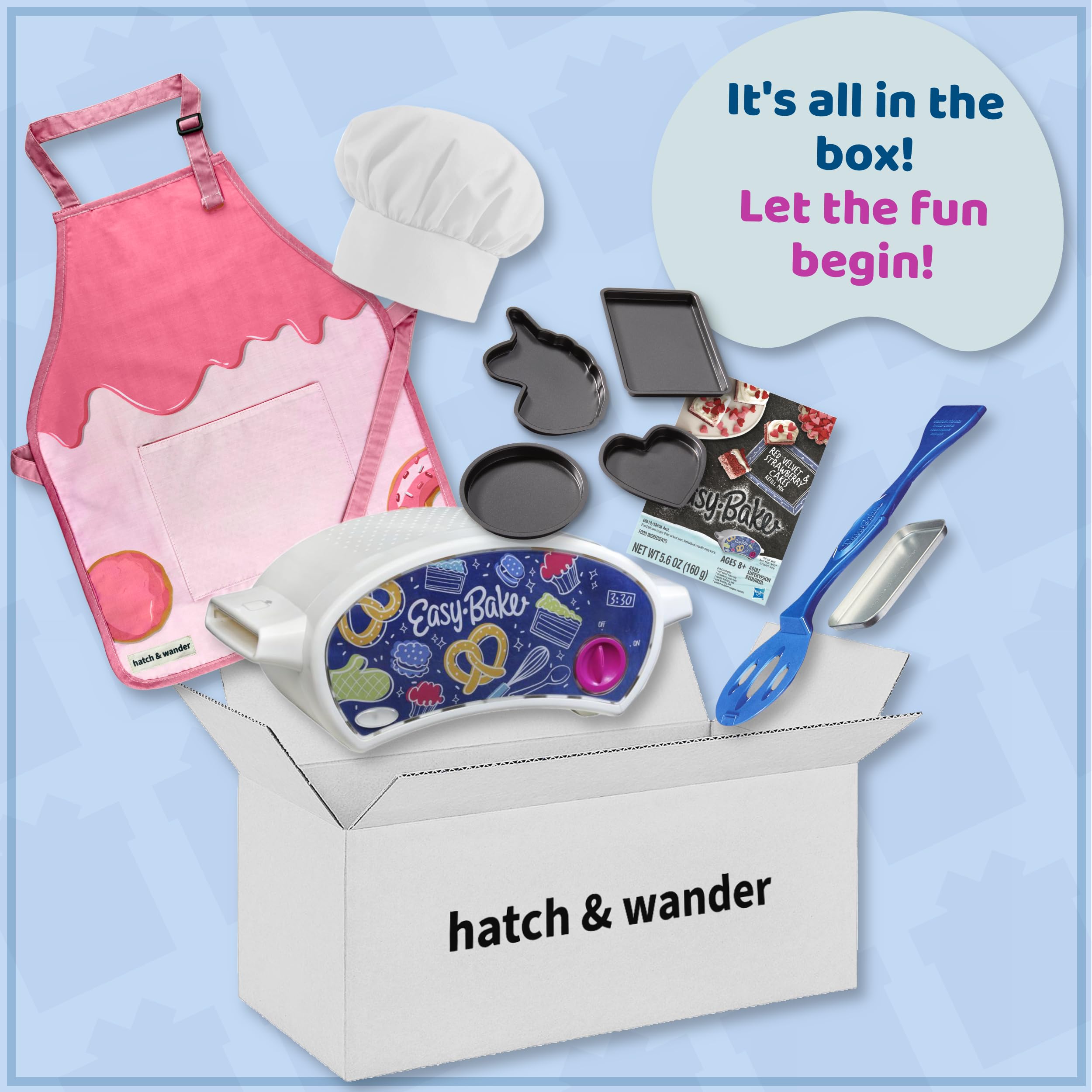 Easy Bake Oven Kit for Kids with Apron, Chef Hat & 4 Baking Pans | 3 Cute Design Options | Includes Oven Mix (Variety May Vary) | Perfect for Birthday Gifts, Baking Parties & STEM Learning Activities
