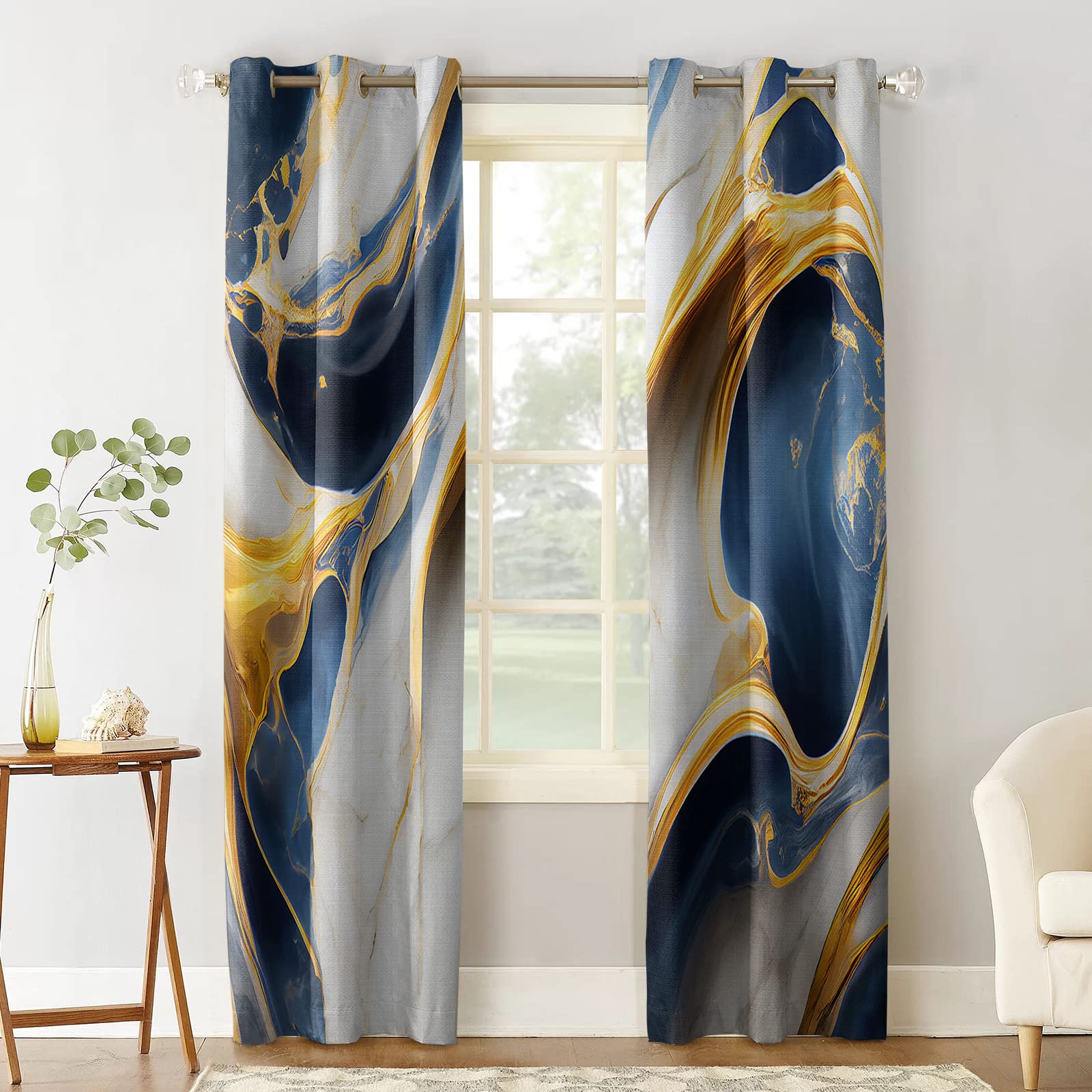 Abstract Navy Blue & Mustard Yellow Marble Swirl Blackout Curtains - Thermal Insulated Room Darkening Drapes for Living Room & Bedroom (2 Panels, 52x84 Inches) - Perfect for Home Decor, Privacy & Energy Efficiency