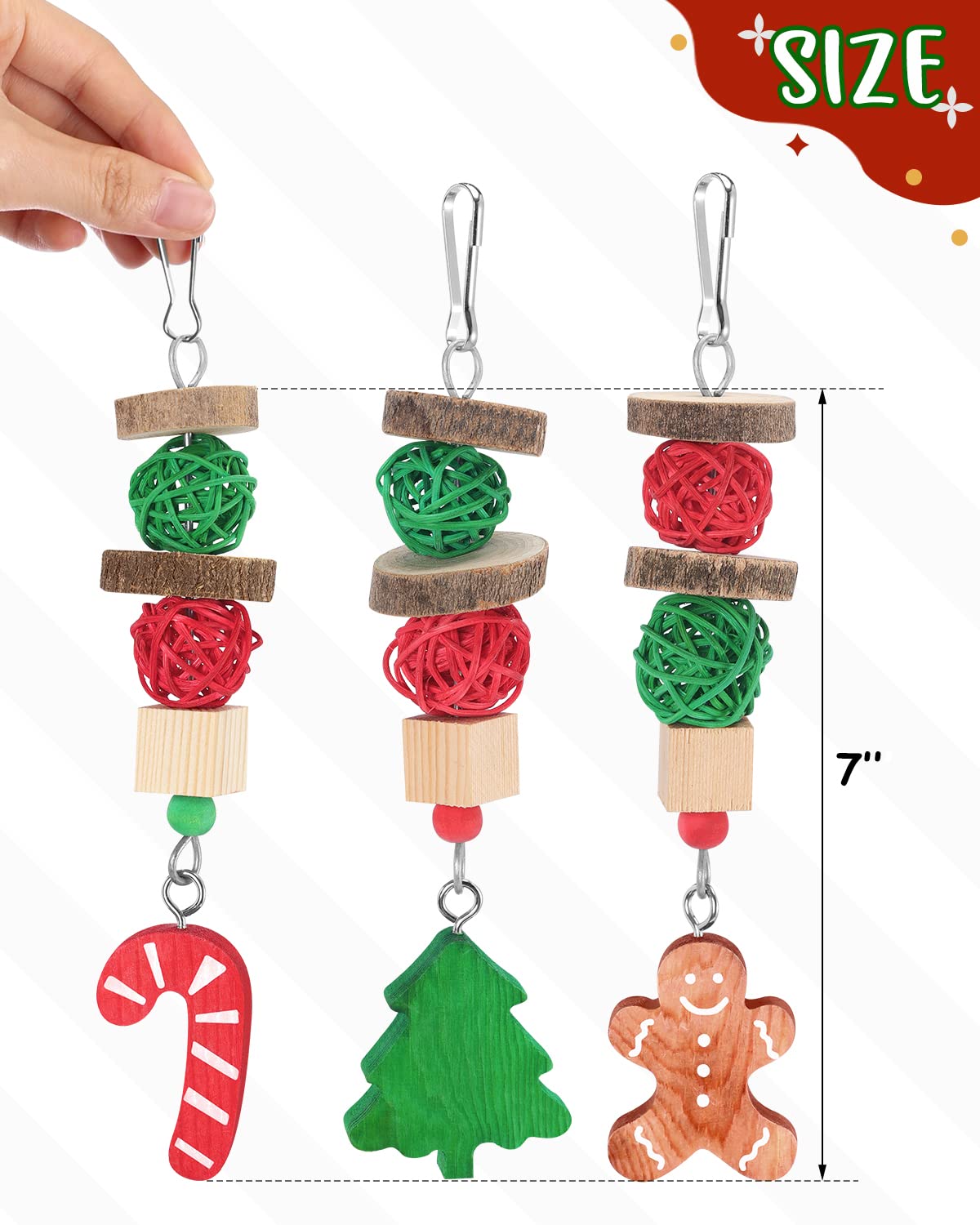 Xylolfsty Christmas Small Pet Toys - 3PCS Guinea Pig, Bunny Rabbit, Hamster & Chinchilla Chew Toys with Candy Cane & Gingerbread Tree Design for Teeth Grinding - Festive Cage Hanging Accessories & Holiday Gifts for Small Animals (Perfect for Christmas Decor & Pet Enrichment)