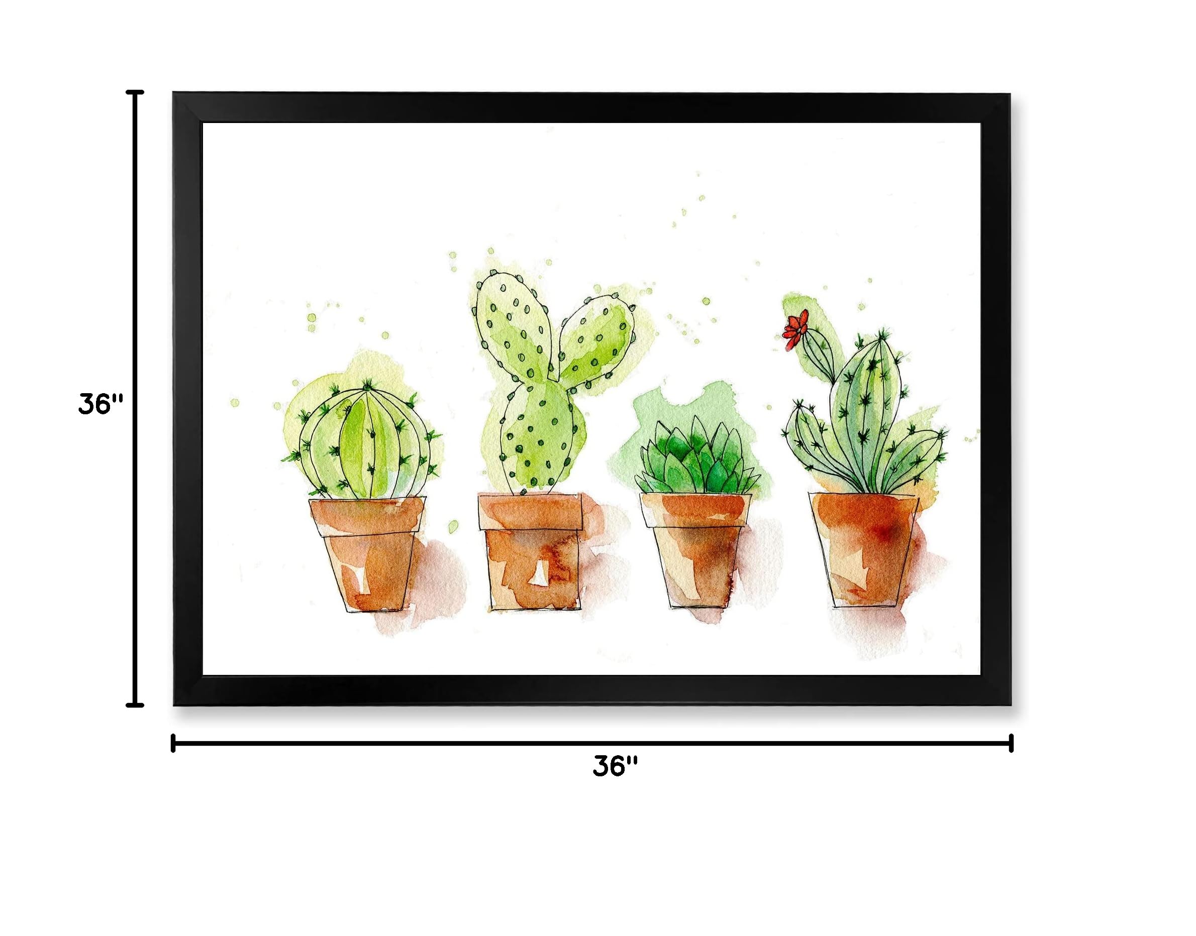DesignQ Cacti in Ceramic Pots - Minimalist Framed Wall Art Decor for Living Room, Bedroom & Office | Gentle Neutral Tones | Traditional Home Aesthetic