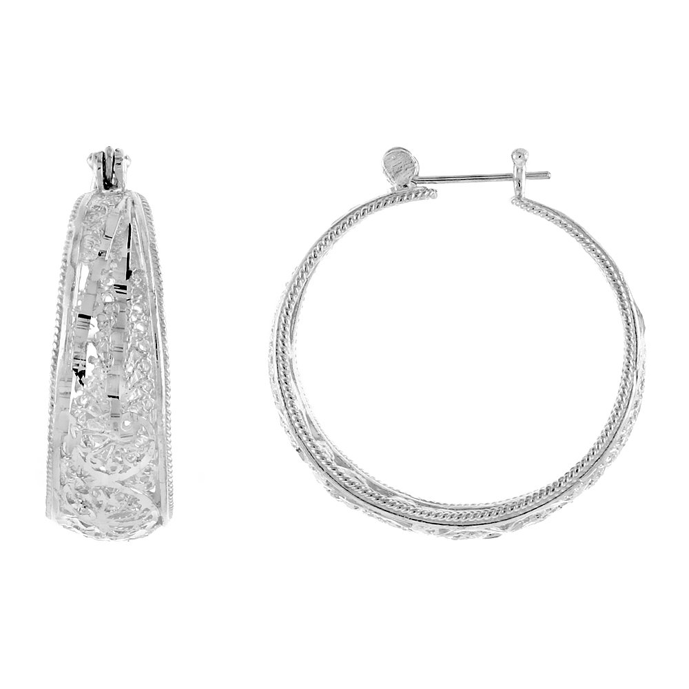 1 1/2 Inch Sterling Silver Filigree Hoop Earrings with Snap-down Post - Elegant Dangle Earrings for Women, Perfect for Parties, Weddings & Everyday Wear